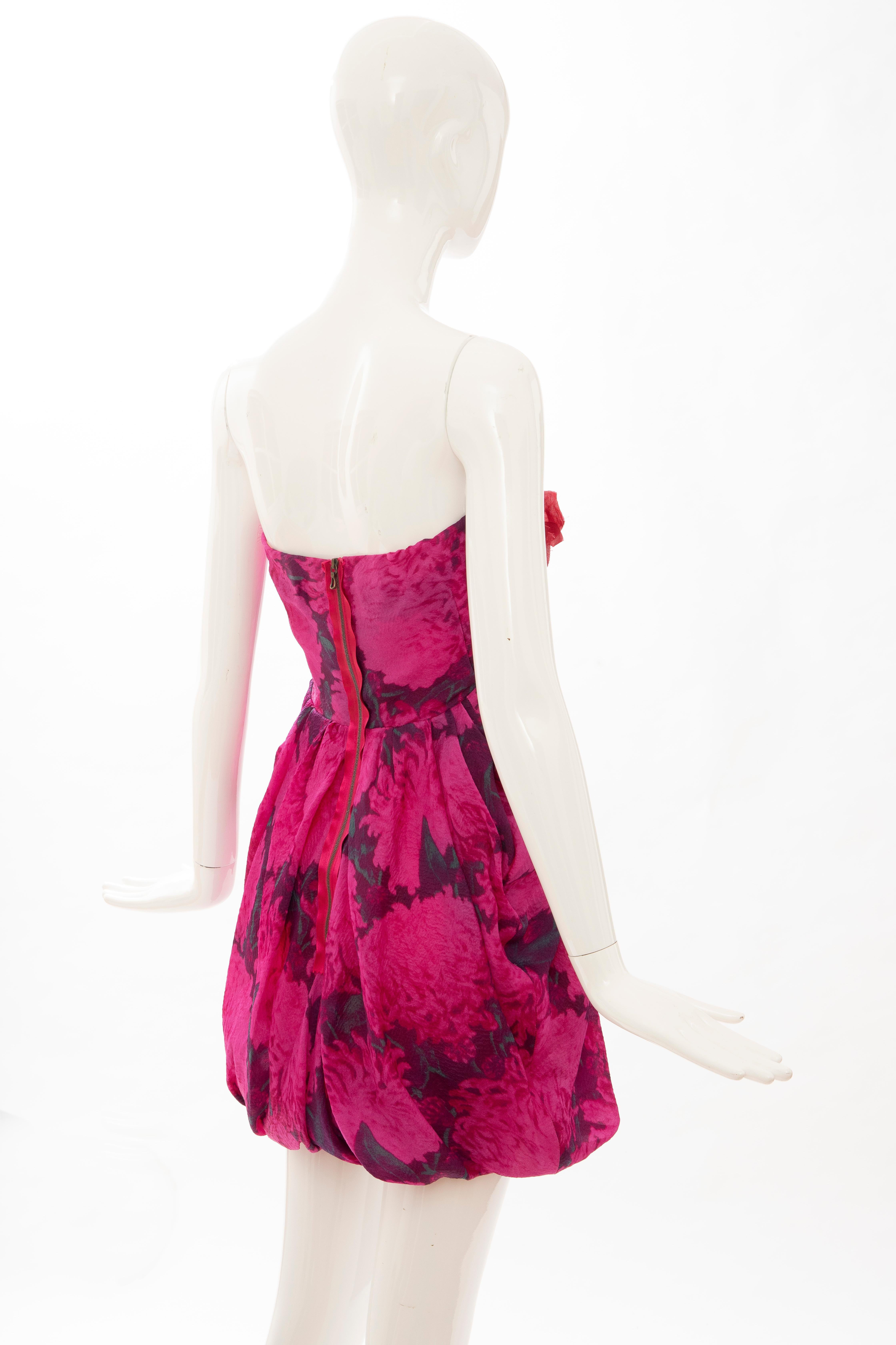 Red Alber Elbaz Lanvin Silk Printed Floral Embroidered Strapless Dress, Spring 2010