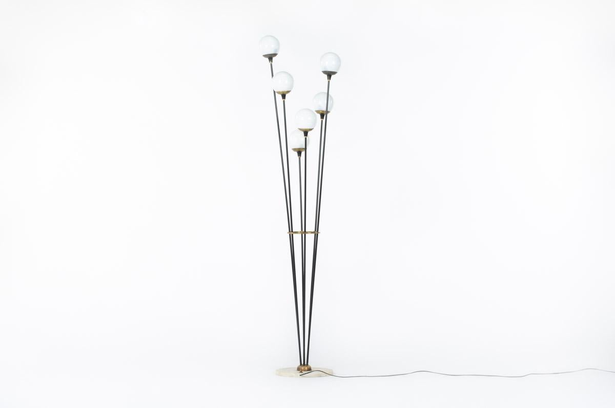 Floor lamp model Alberello by Italian producer Stilnovo
Round base in marble, 6 vertical arms in black tubular metal ended by brass elements, and a reflector in opaline glass
some traces of time.