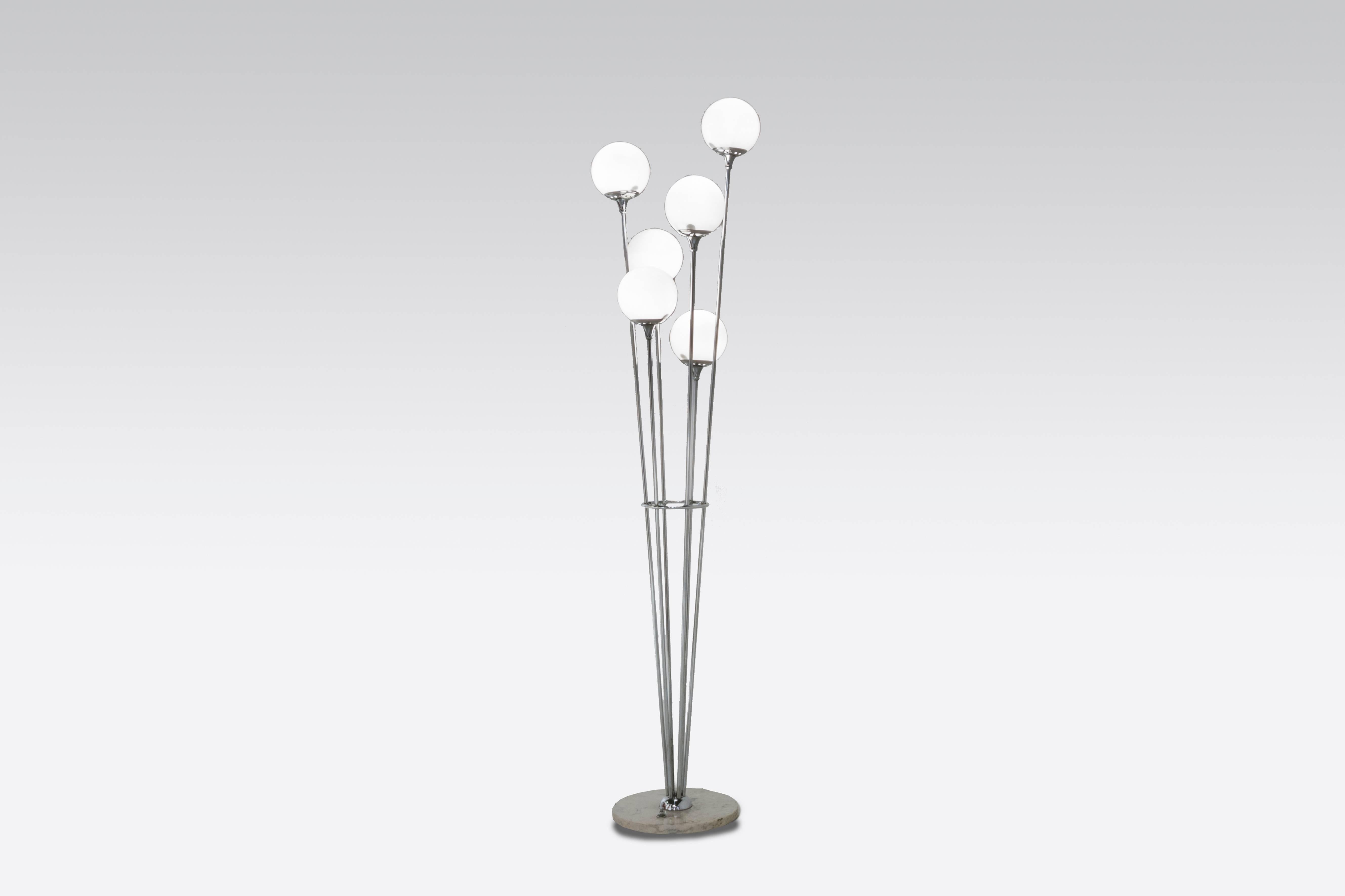 Alberello floor lamp by Stilnovo. White marble feet with long chrome stems finished with white glass globes. Lights up with three different positions. Original conditions, little shot on the marble base, Italy, circa 1960.