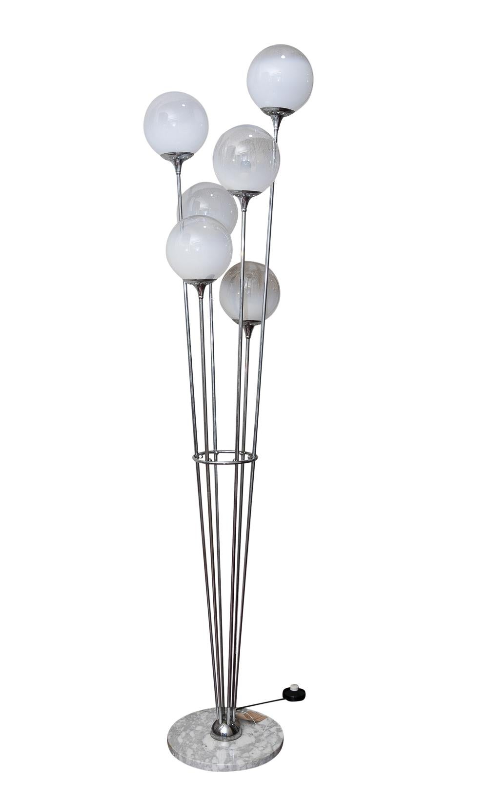 Alberello floor lamp by Stilnovo. 
White marble feet with long chrome stems finished semi whites glass globes. 
Original conditions, made in Italy, circa 1960.