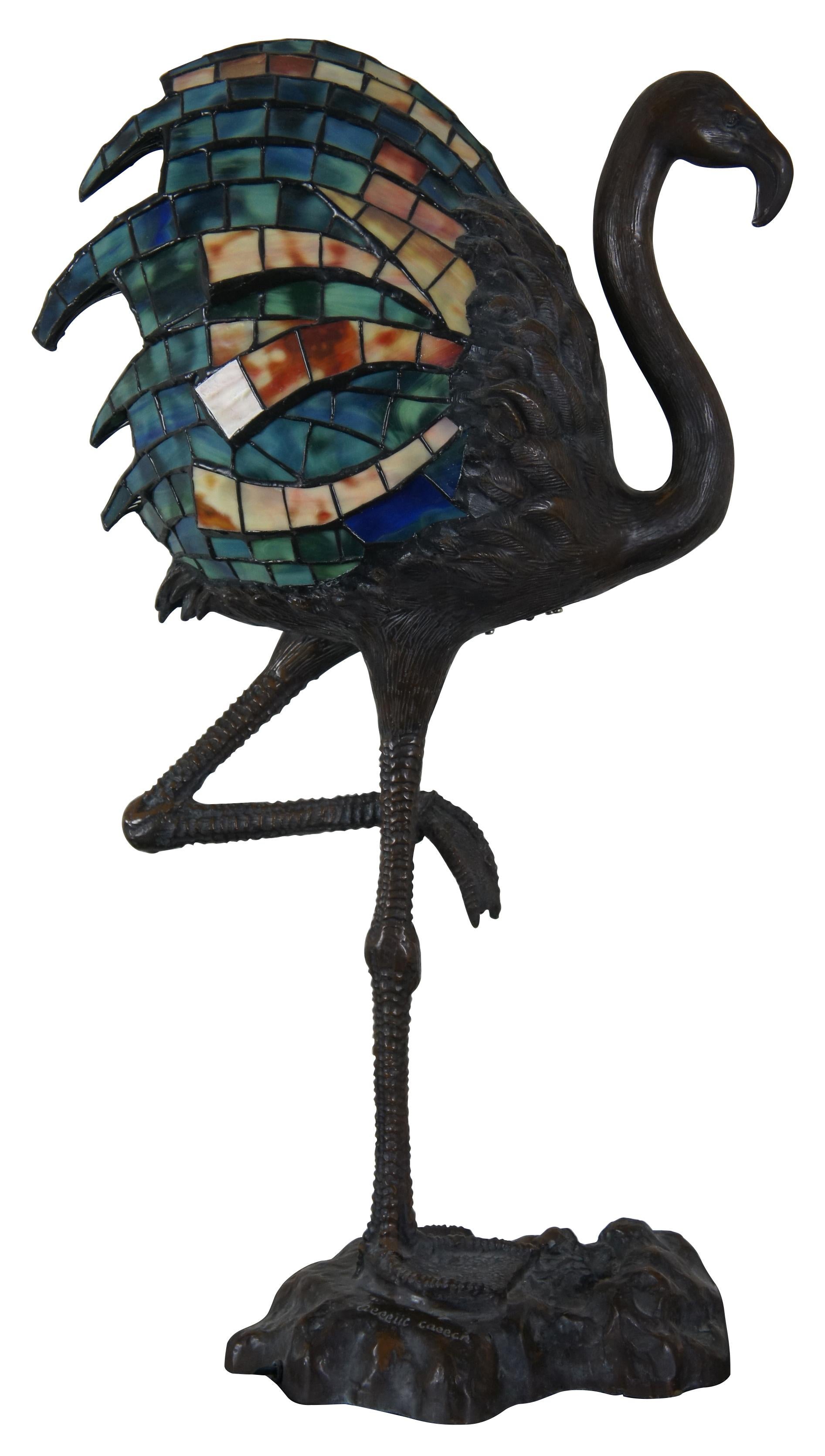 Alberic Collin Art Nouveau bronze stained glass Tiffany style Flamingo lamp 30