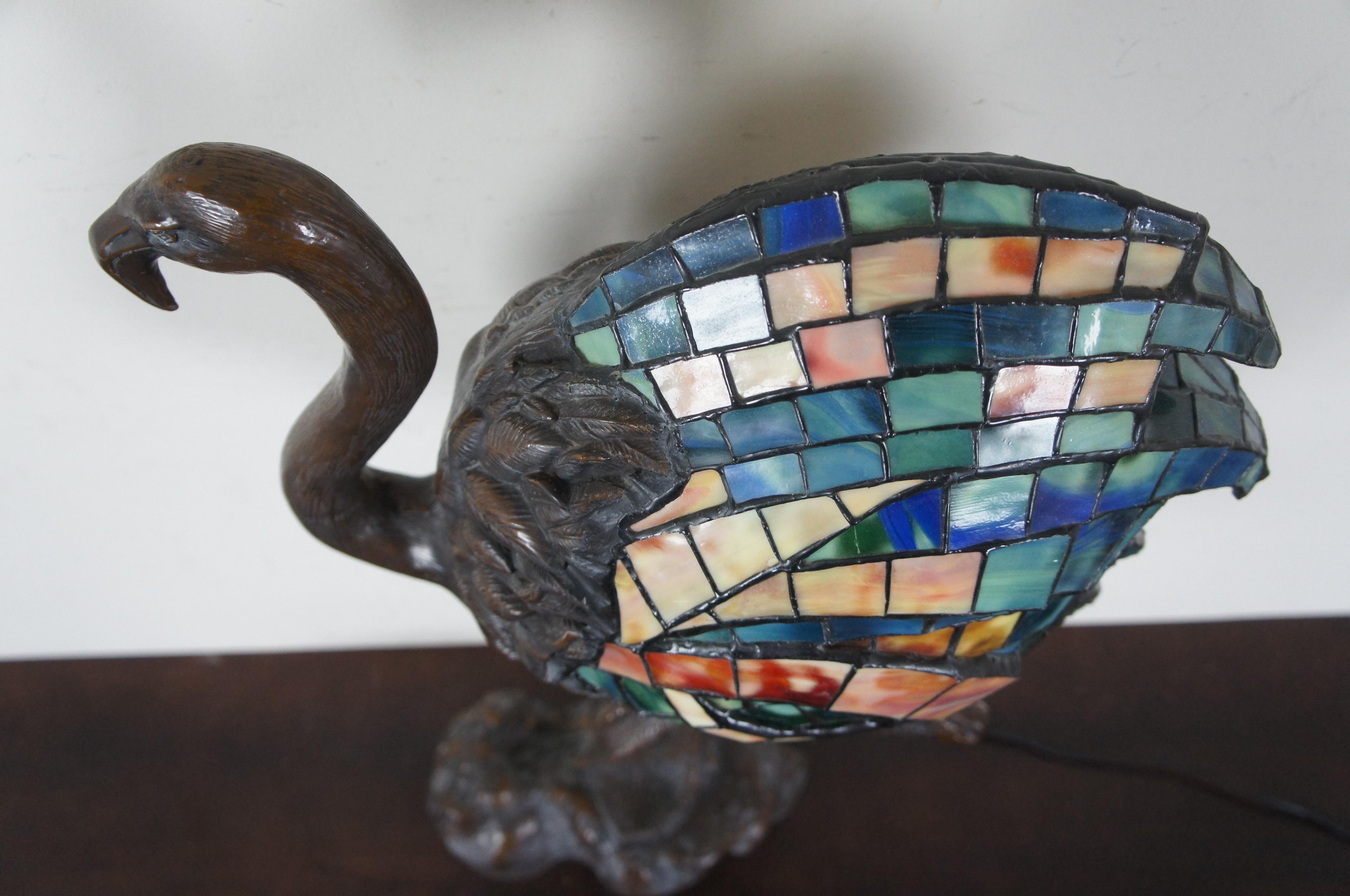 20th Century Alberic Collin Art Nouveau Bronze Stained Glass Tiffany Style Flamingo Lamp