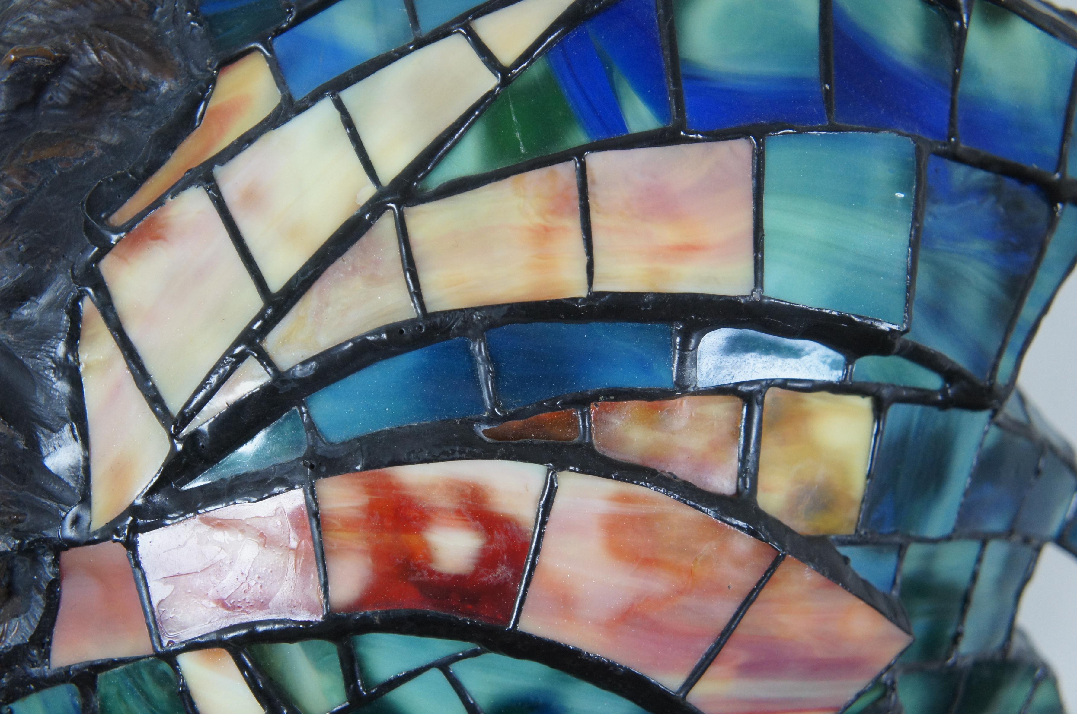 Alberic Collin Art Nouveau Bronze Stained Glass Tiffany Style Flamingo Lamp 1