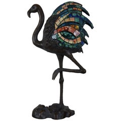 Alberic Collin Art Nouveau Bronze Stained Glass Tiffany Style Flamingo Lamp
