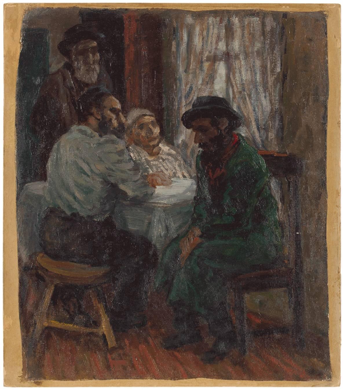 Albert Abramovitz Figurative Painting - Jewish Family Interior Scene (The Shadchan) Rare Judaica Oil Painting