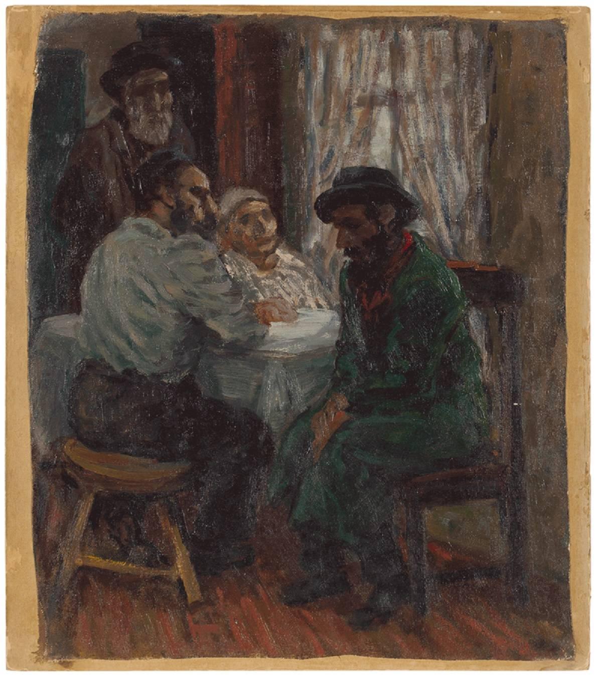 Albert Abramovitz Figurative Painting - Jewish Family Interior Scene (The Shadchan) Rare Judaica Oil Painting WPA artist