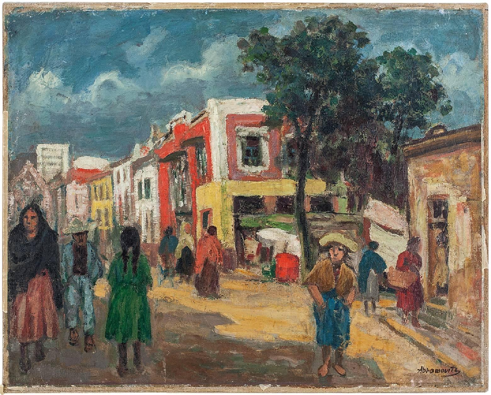 Straßenszene Ölgemälde Circa 1930er Albert Abramovitz WPA Künstler Mexikanische Townes