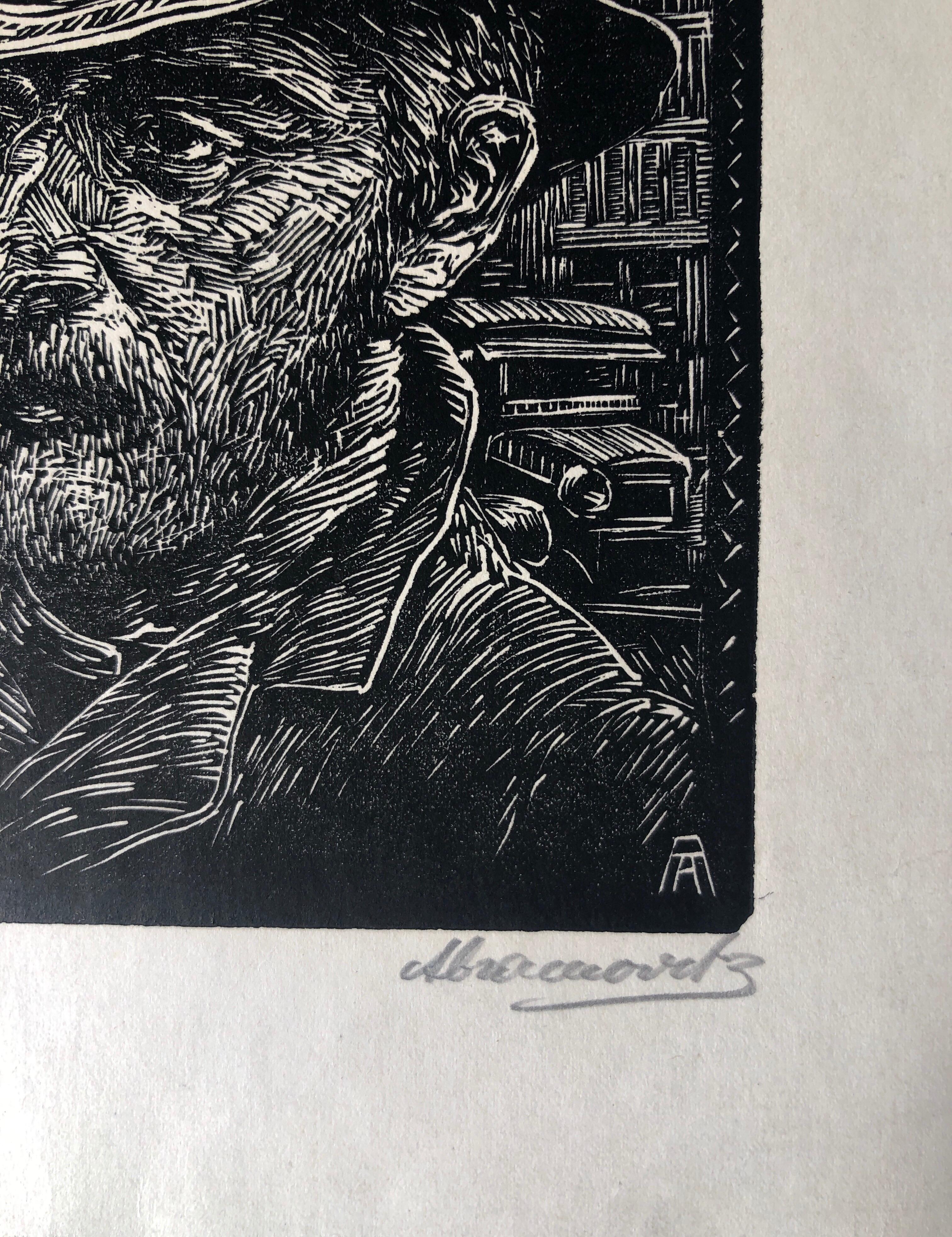 Coming Home imprimé sur bois WPA des années 1930, signé à la main - Print de Albert Abramovitz
