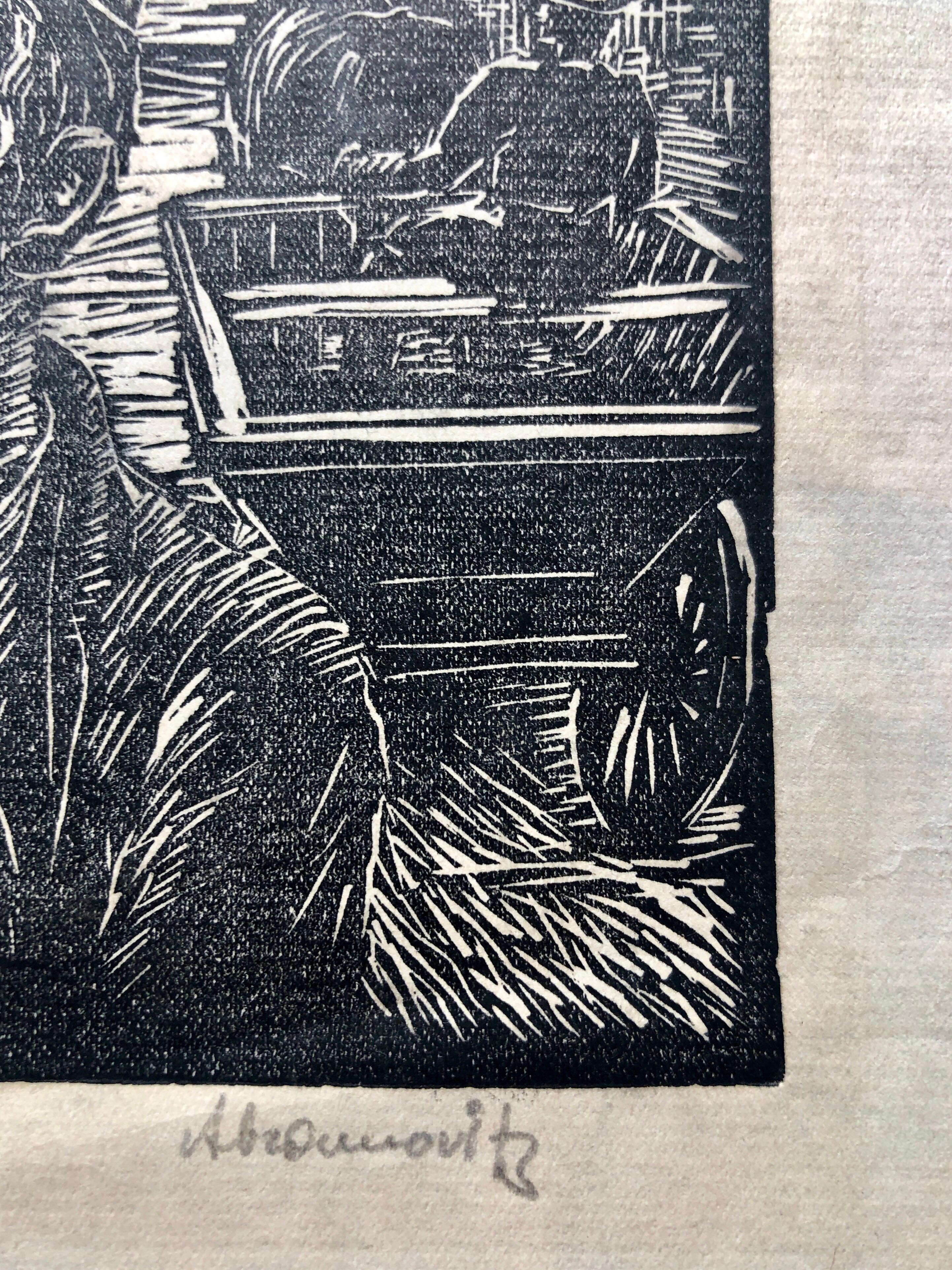 Pareja judía Shtetl Judaica Woodblock c.1930s WPA Woodcut Print Firmado a mano - Figurative Print Negro de Albert Abramovitz