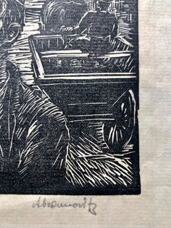 Jewish Shtetl Couple Judaica Woodblock c.1930s WPA Woodcut Print Hand Signed