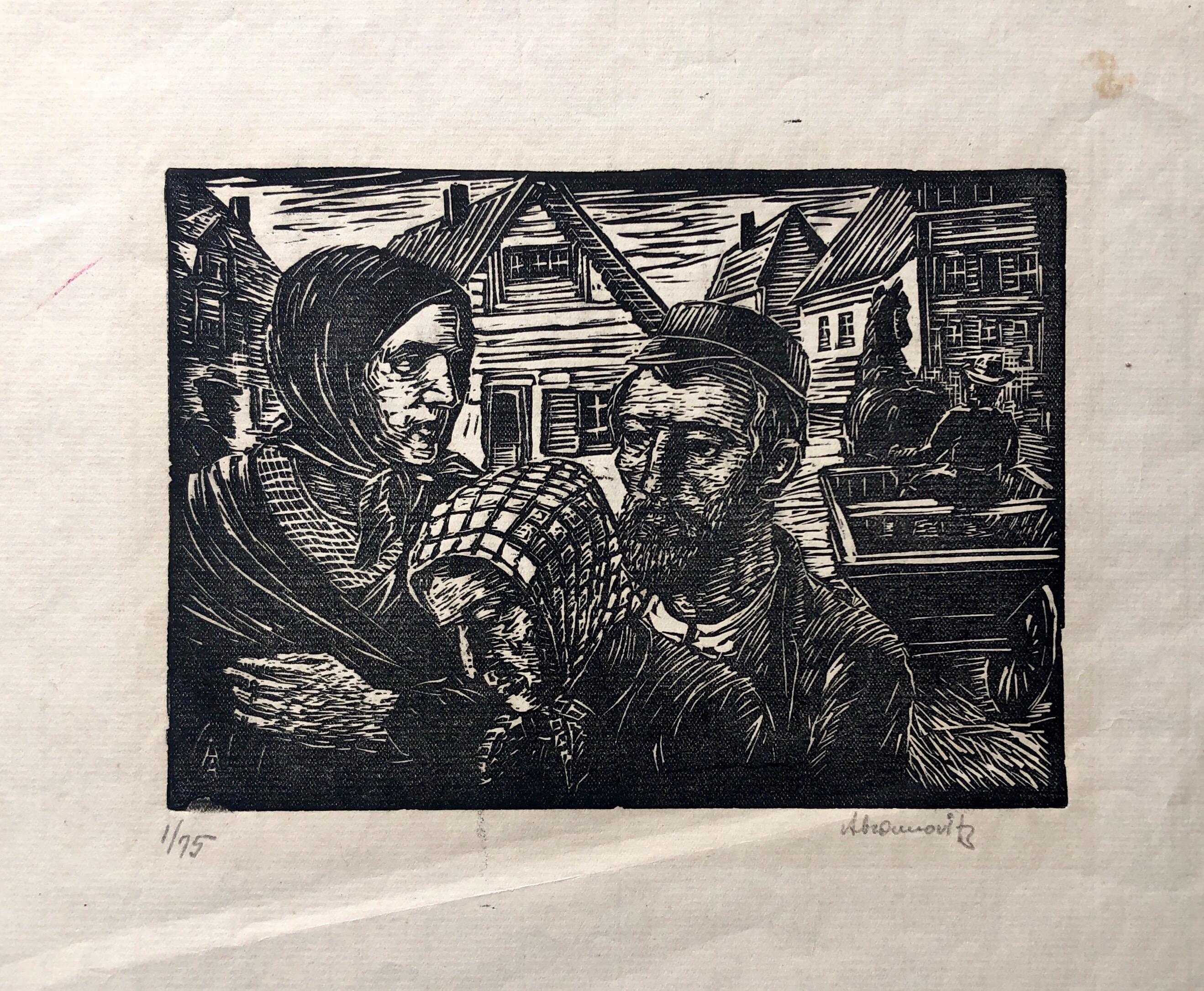 Jewish Shtetl Couple Judaica Holzschnitt mit jüdischem WPA-Holzschnitt, handsigniert, ca. 1930er Jahre (Schwarz), Portrait Print, von Albert Abramovitz