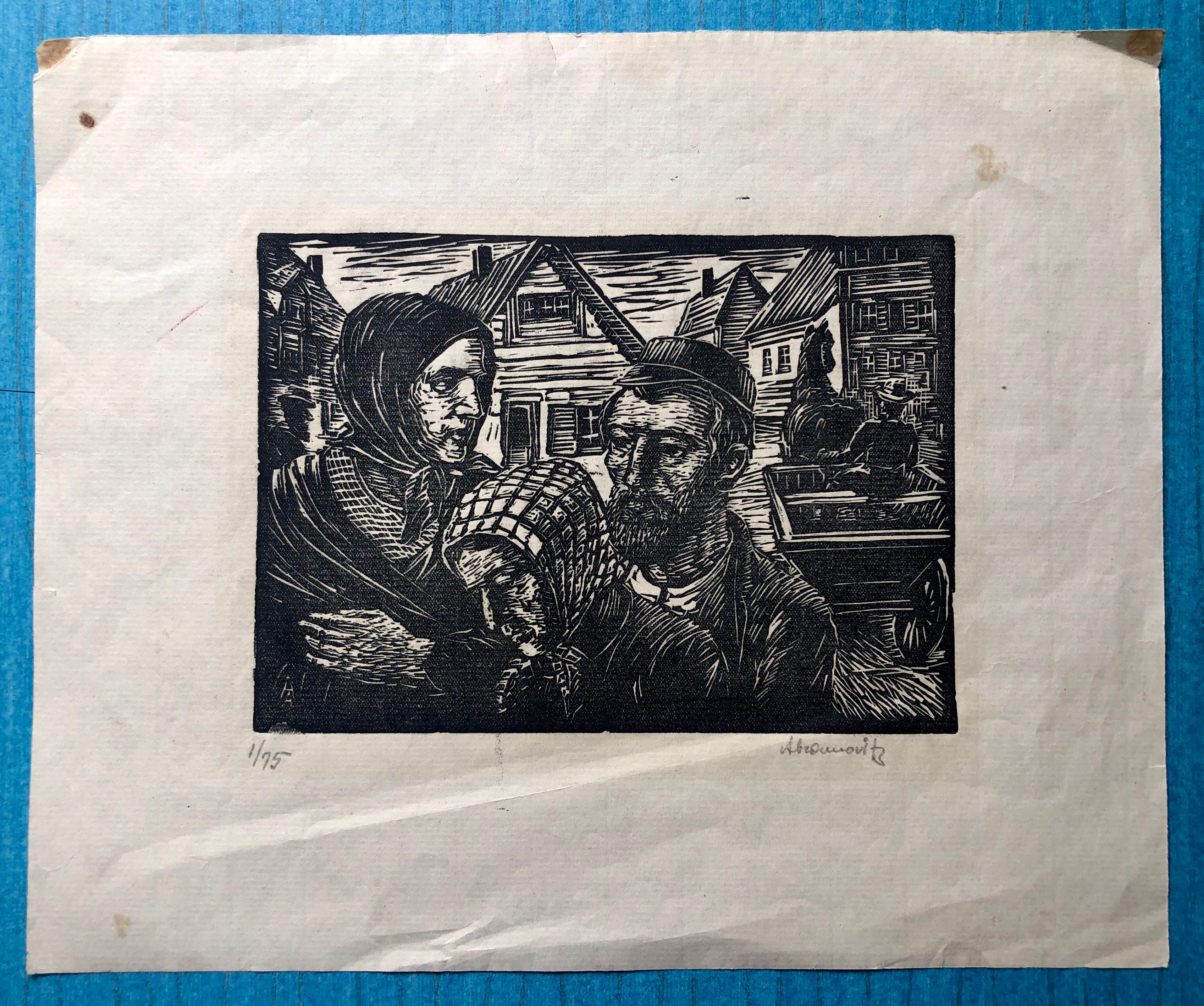 Jewish Shtetl Couple Judaica Woodblock c.1930s WPA Woodcut Print Hand Signed - Black Portrait Print by Albert Abramovitz