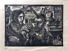 Jewish Shtetl Couple Judaica Woodblock c.1930s WPA Woodcut Print Hand Signed