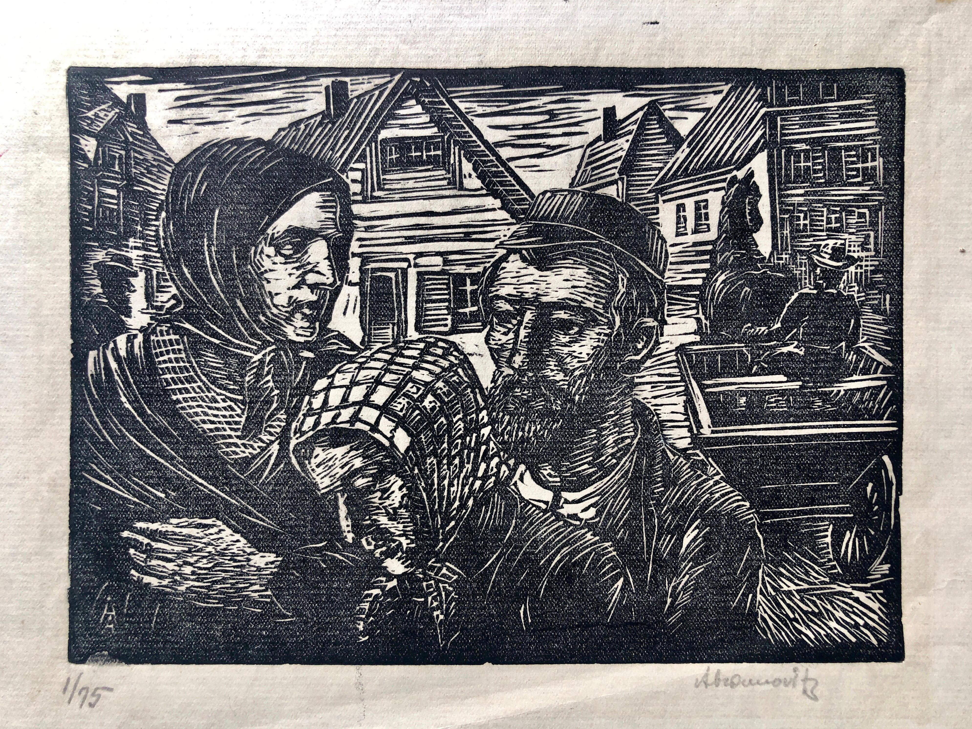 Figurative Print de Albert Abramovitz - Pareja judía Shtetl Judaica Woodblock c.1930s WPA Woodcut Print Firmado a mano