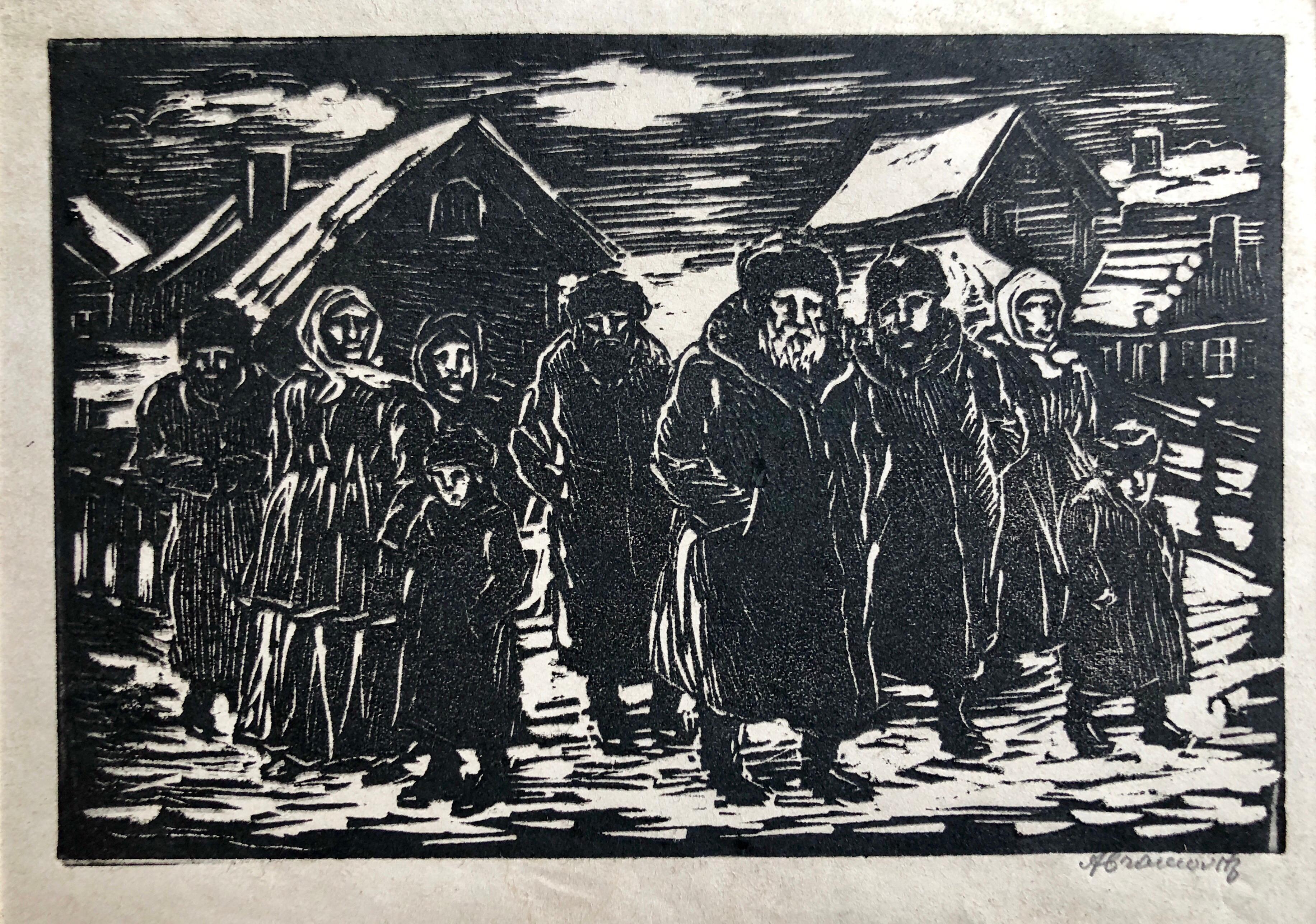 Albert Abramovitz Portrait Print - Jewish Shtetl Russian Village Judaica Woodblock Print WPA Artist Hand Signed