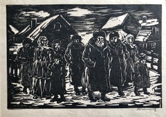 Shtetl Village juif russe, imprimé sur bois judaïque, signé à la main par l'artiste WPA