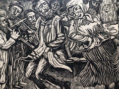 Jewish Wedding Judaica Woodblock Print c.1930s WPA Woodcut Print Hand Signed