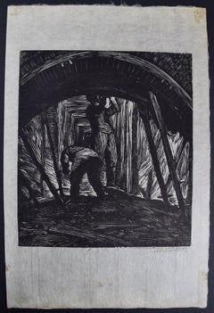 "Mine Shaft", Soviet Union: An Early 20th C. Woodcut Engraving by Abramovitz