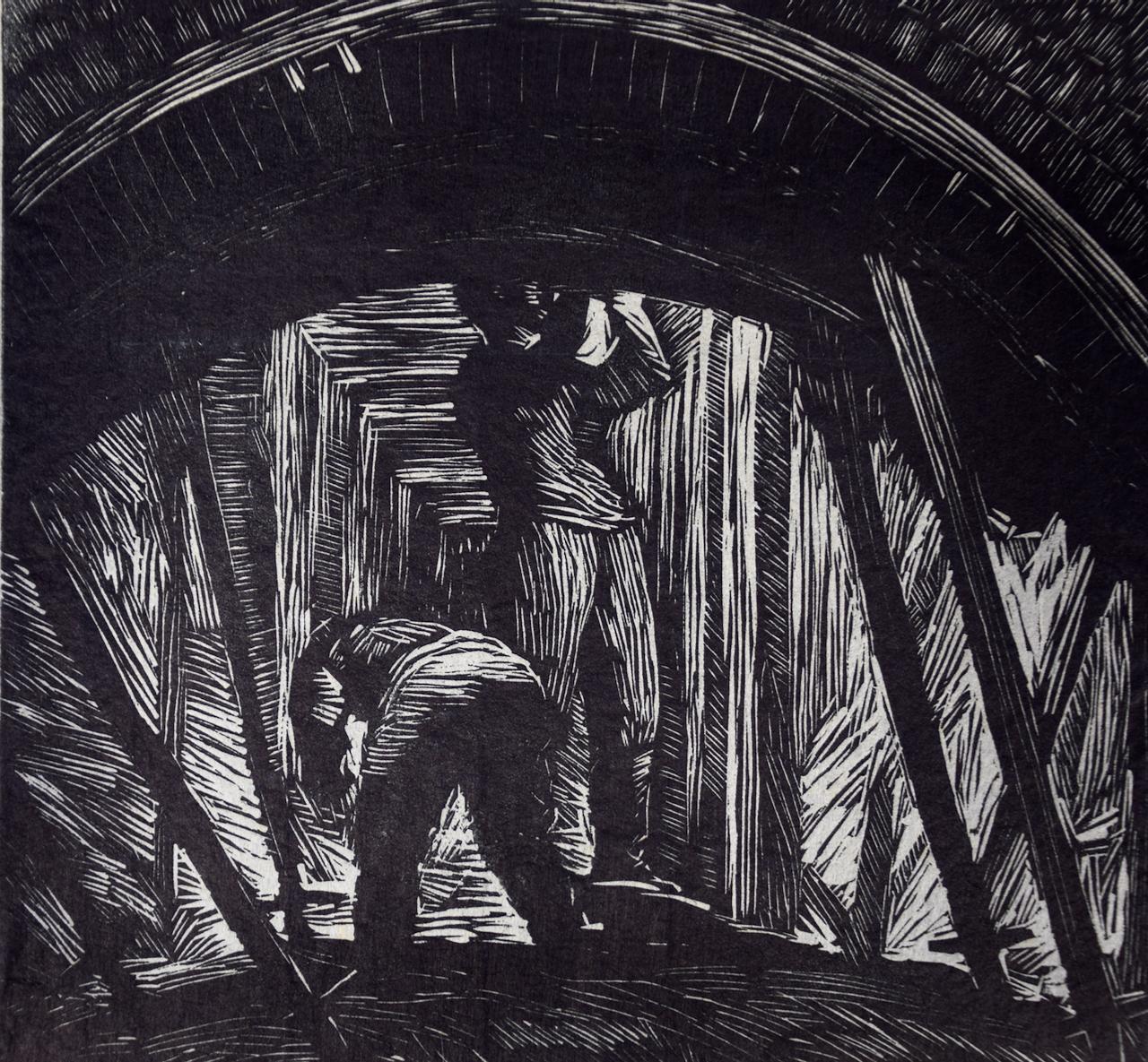 Albert Abramovitz Landscape Print -  "Mine Shaft", Soviet Union: An Early 20th C. Woodcut Engraving by Abramovitz