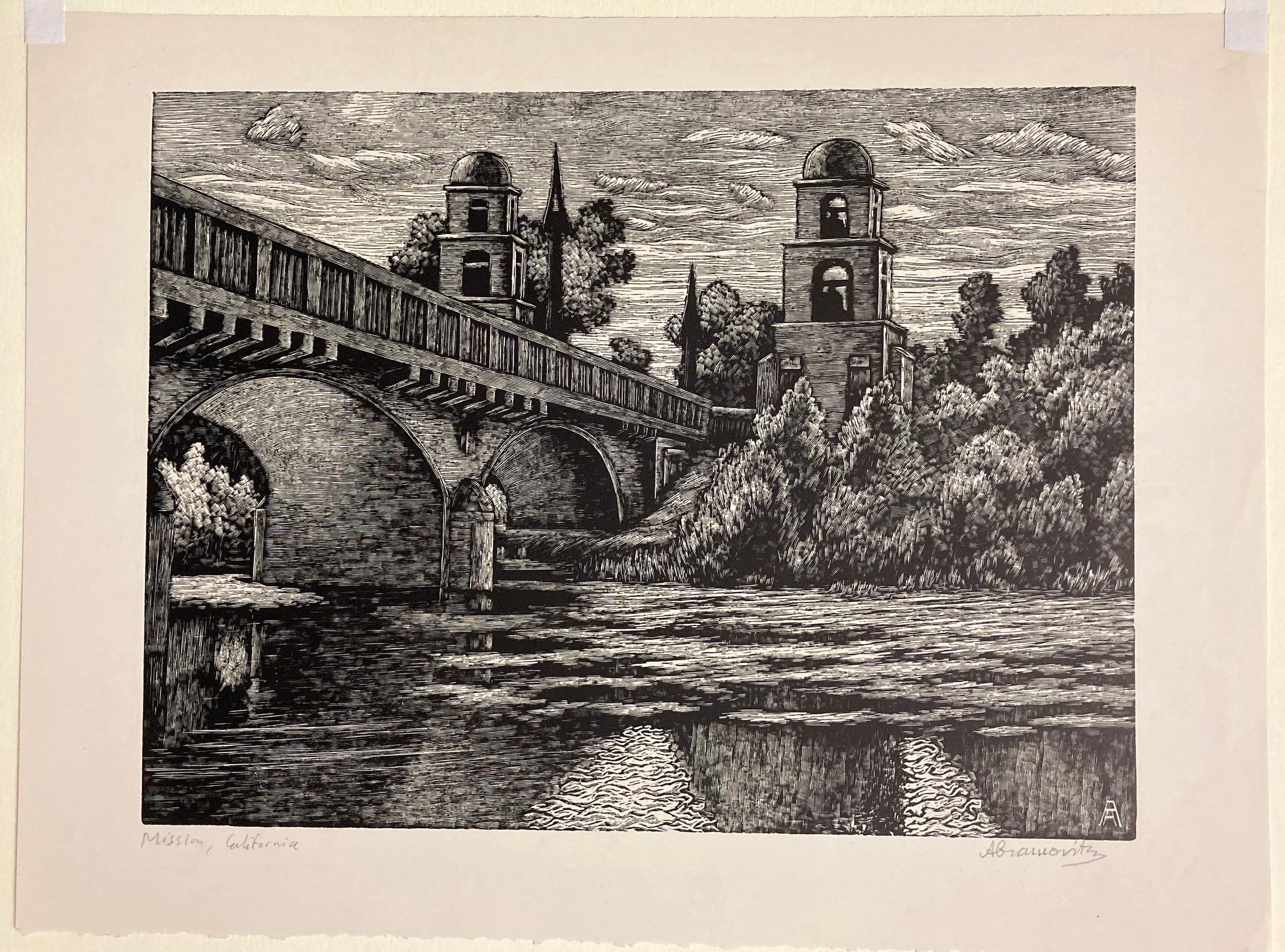 Albert Abramovitz was an amazingly skilled wood engraver. This California Mission scene is unusual in his work, but carries the subject so well. It is signed  and titled in pencil.