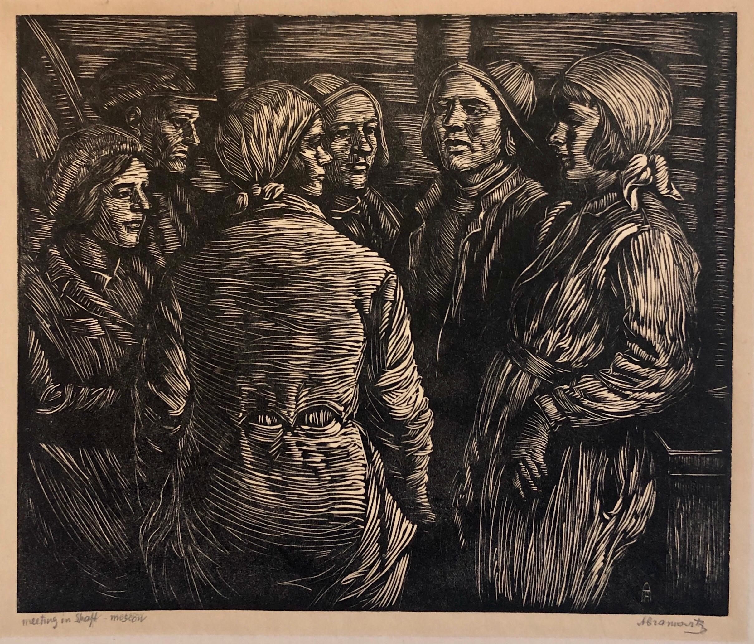Moscou, Russie Workers Woodblock des années 1930 Impression sur bois signée à la main, époque WPA - Print de Albert Abramovitz