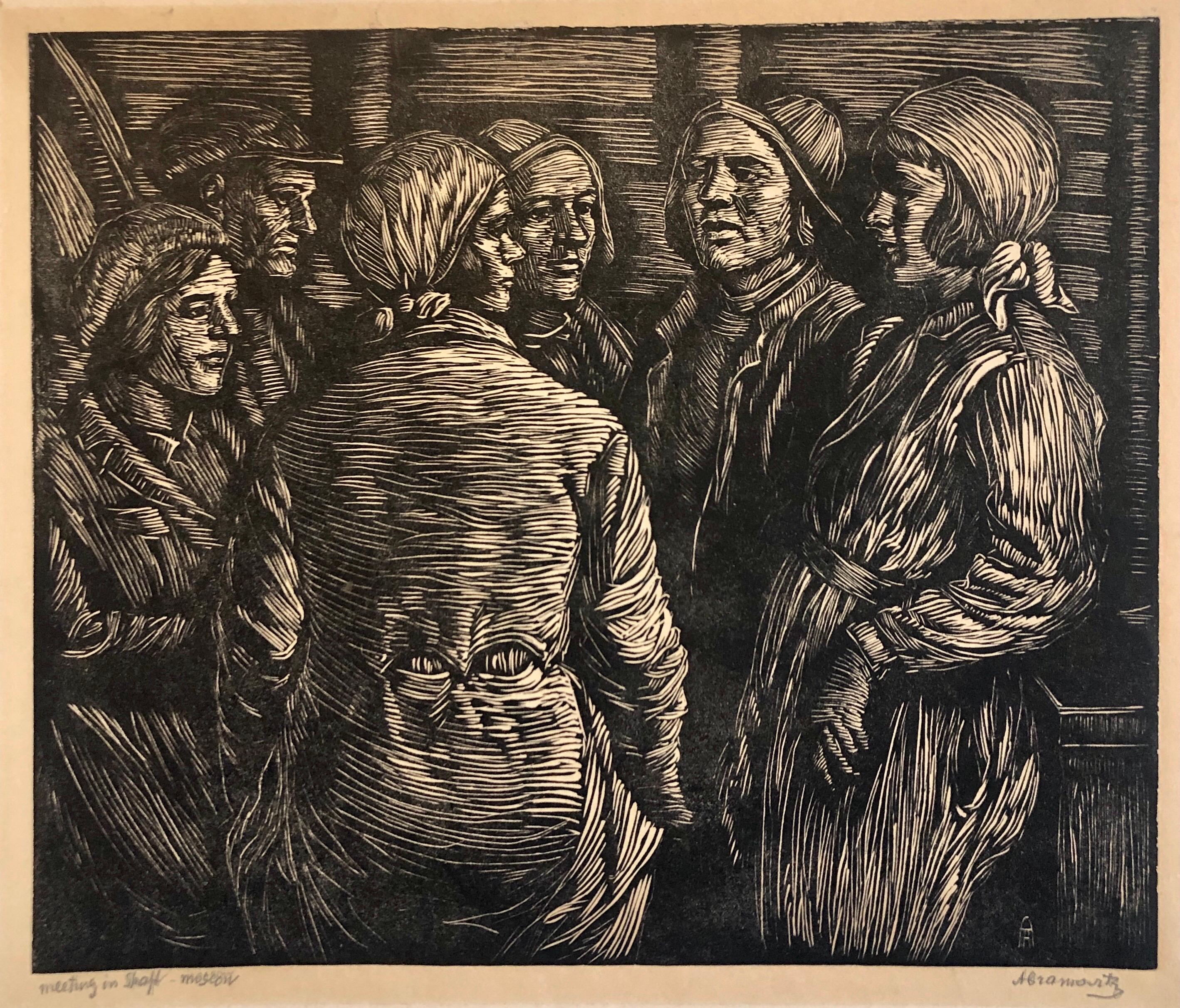 Albert Abramovitz Portrait Print - Moscow, Russia Workers Woodblock c.1930s WPA era Woodcut Print Hand Signed