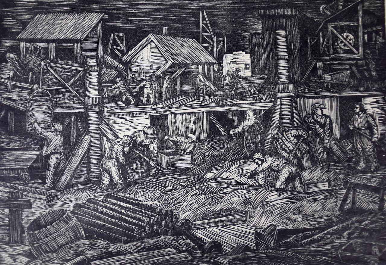 Albert Abramovitz Landscape Print - "Subway Construction, Moscow": An Early 20th C. Woodcut Engraving by Abramovitz