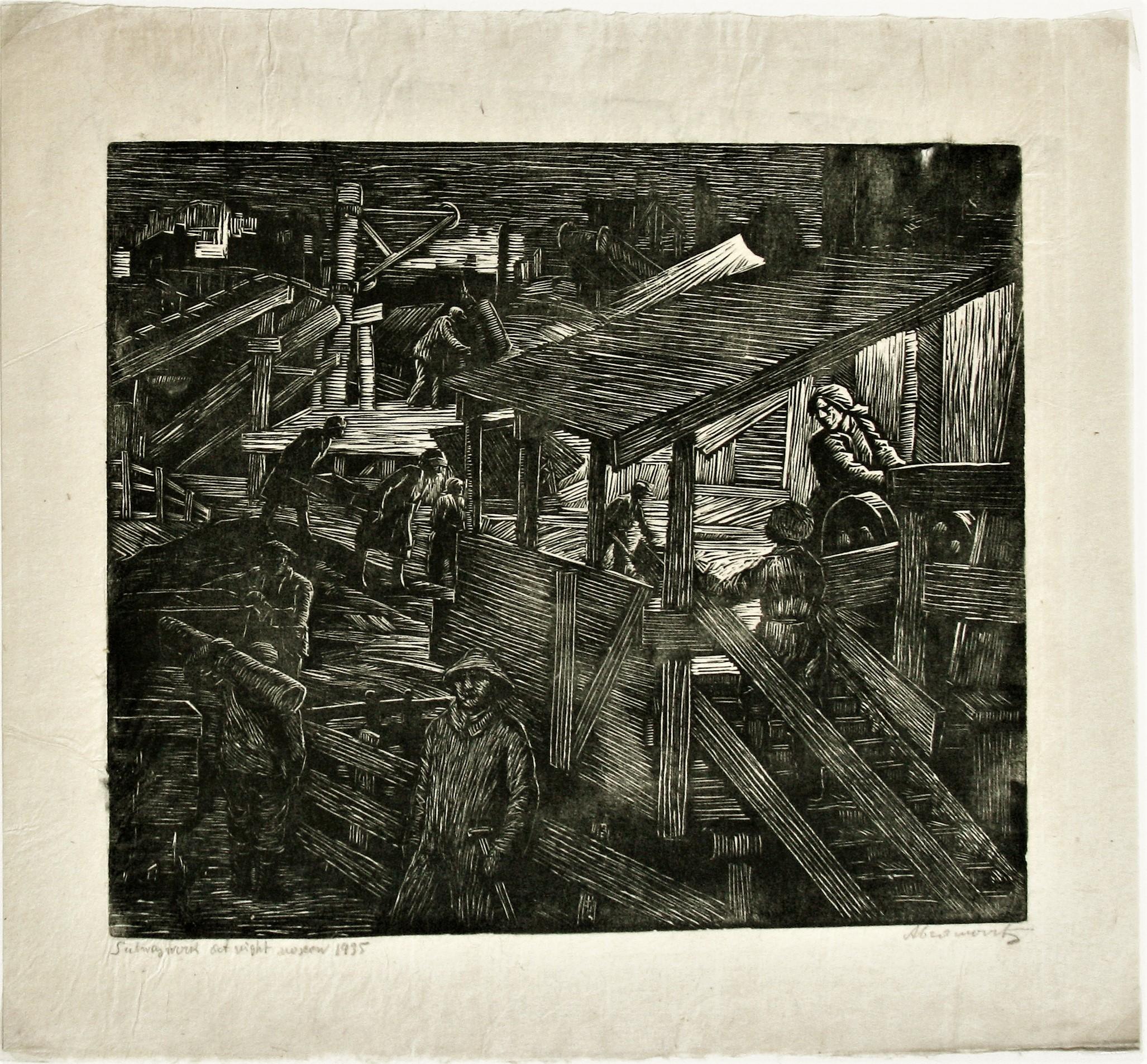 Nachtarbeit in der U-Bahn. (Amerikanische Moderne), Print, von Albert Abramovitz
