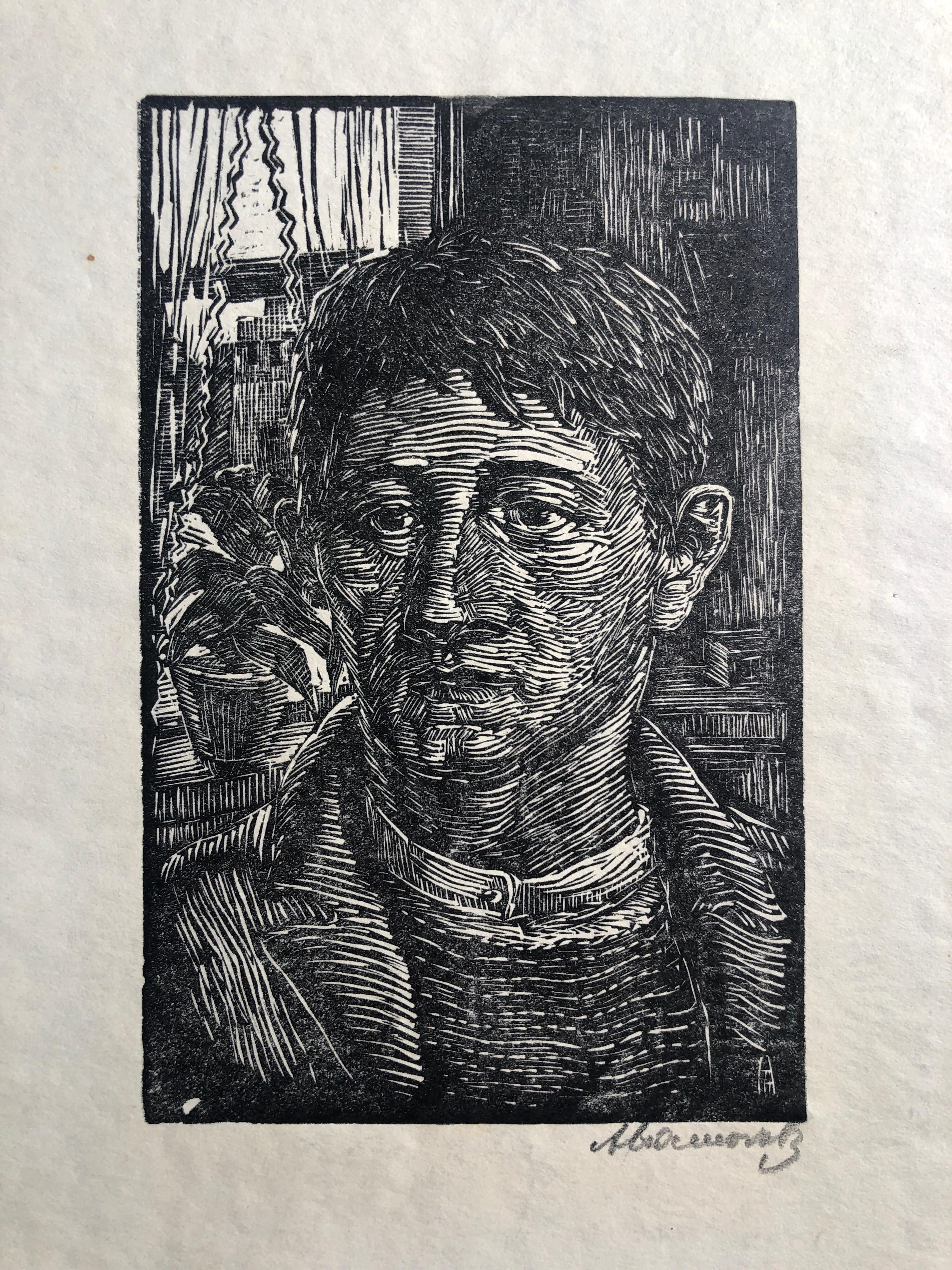 The Worker Woodblock Print c.1930's WPA Woodcut Print Hand Signed
