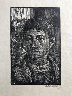 Vintage The Worker Woodblock Print c.1930's WPA Woodcut Print Hand Signed