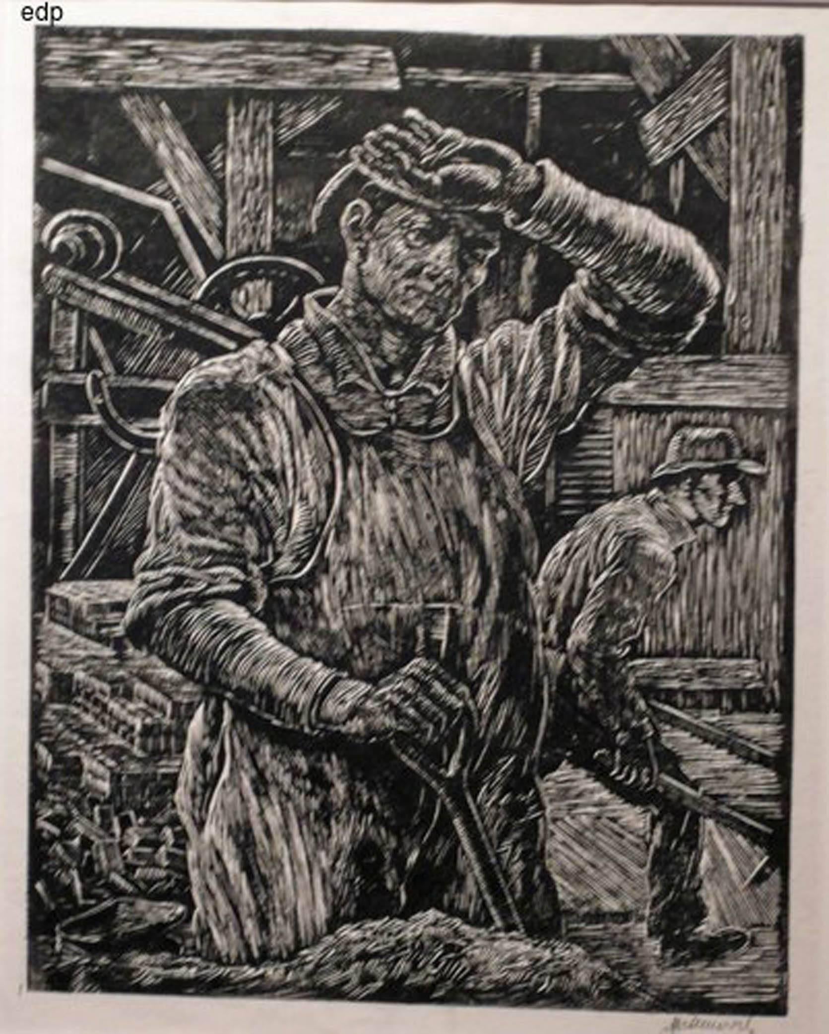Albert Abramovitz Figurative Print - UNTITLED (TWO CONSTRUCTION WORKERS WITH BRICKS