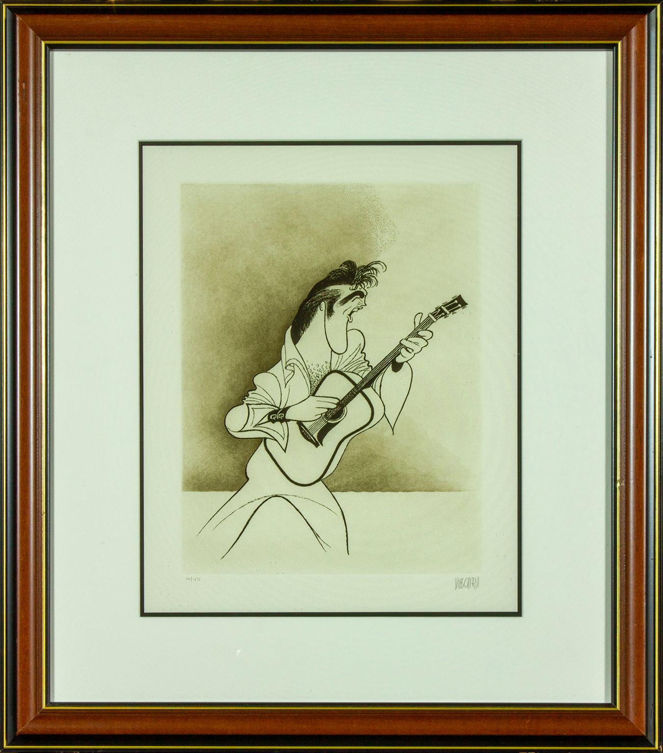 Albert Al Hirschfeld Portrait Print - 1993 "Elvis" original etching by Al Hirschfeld. Hand signed and numbered. 