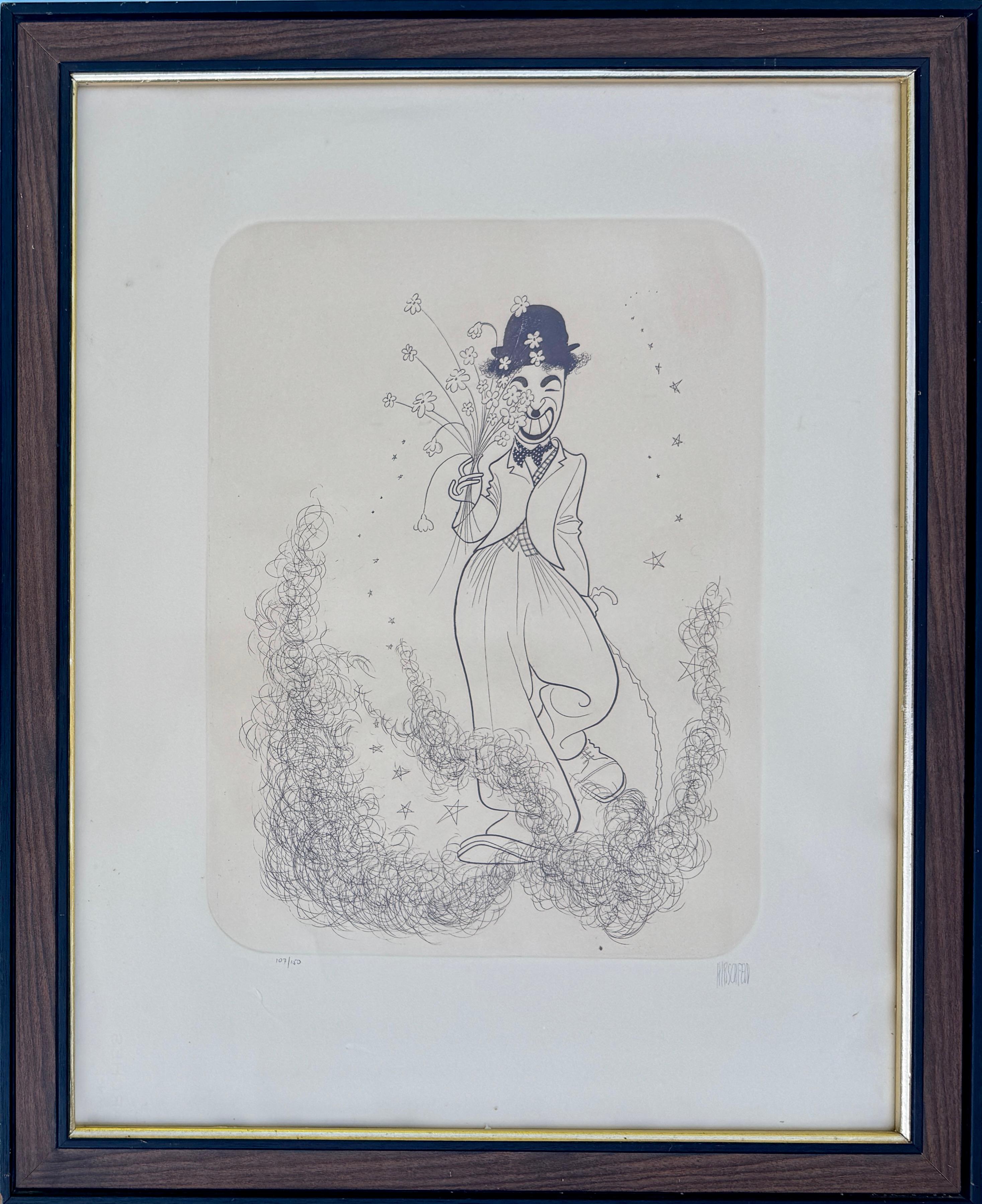 Charlie Chaplin avec des fleurs Hollywood Movie Star Oscar Legend Iconic Caricature - Print de Albert Al Hirschfeld