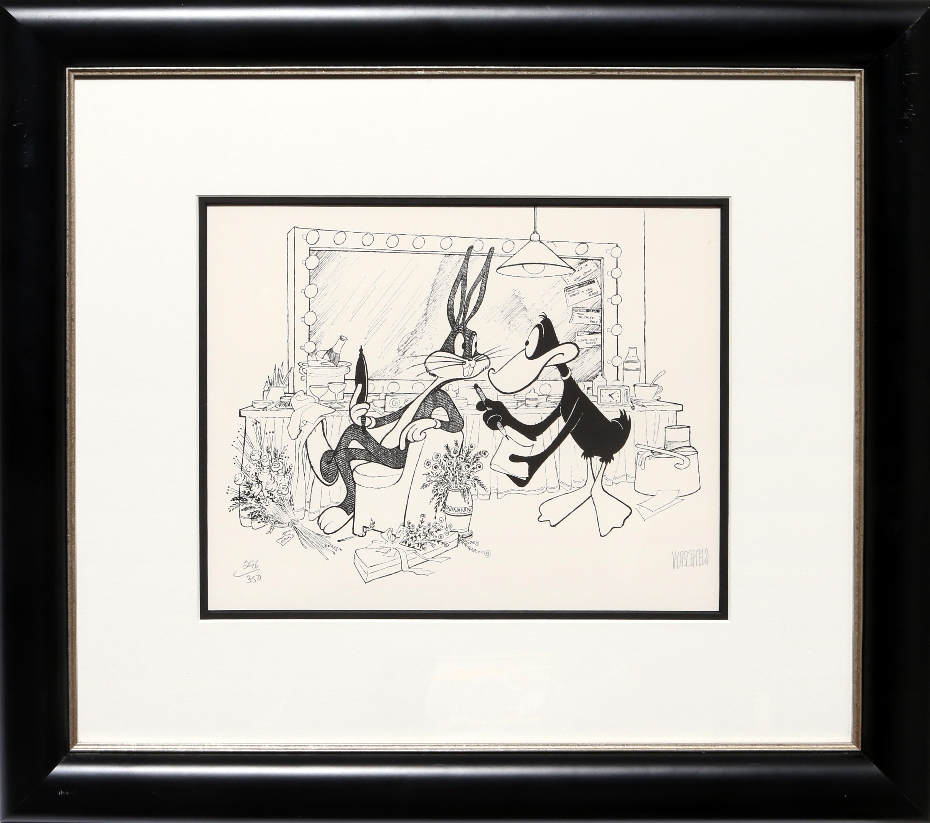 Albert Al Hirschfeld Figurative Print - Dressing Room - Bugs & Daffy, Lithograph by Al Hirschfeld