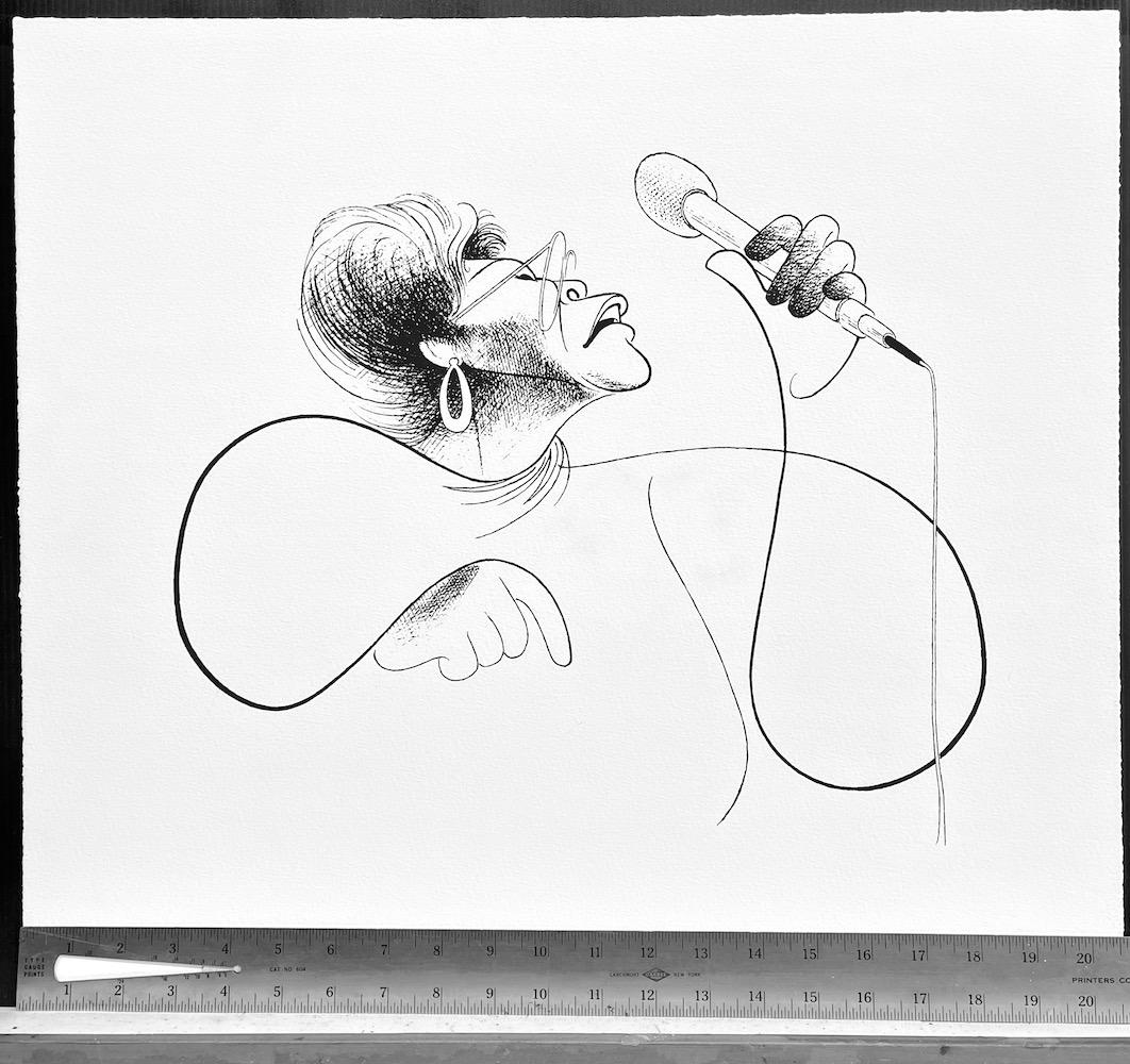 ELLA FITZGERALD is a limited edition lithograph by the renowned artist/caricaturist Al Hirschfeld (1903-2003) printed using traditional lithography techniques on archival printmaking paper, 100% acid free. ELLA FITZGERALD is an impressive black and