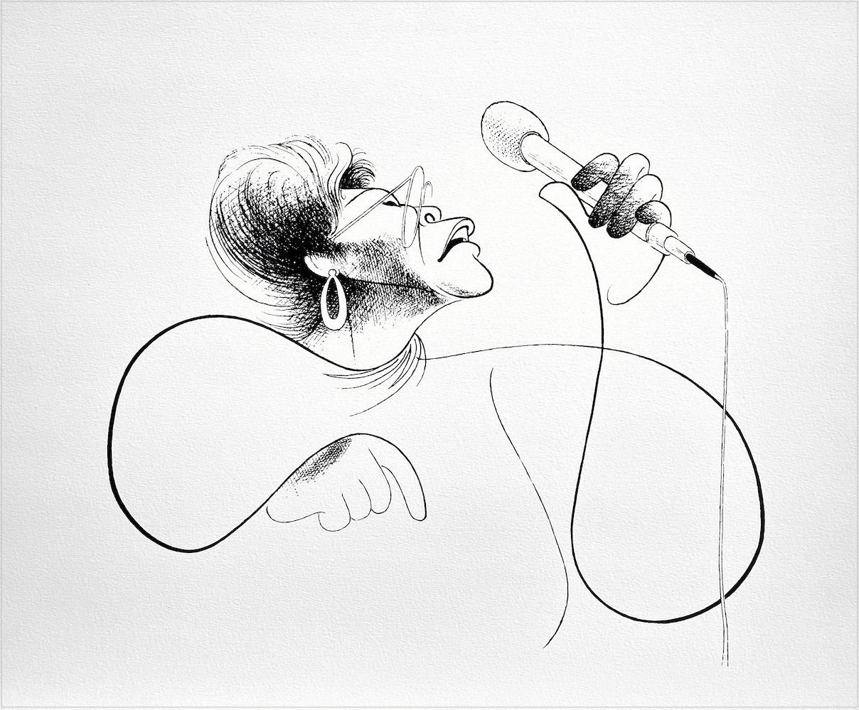Albert Al Hirschfeld Portrait Print - ELLA FITZGERALD Lithograph Black+White Caricature Portrait, Female Jazz Vocalist