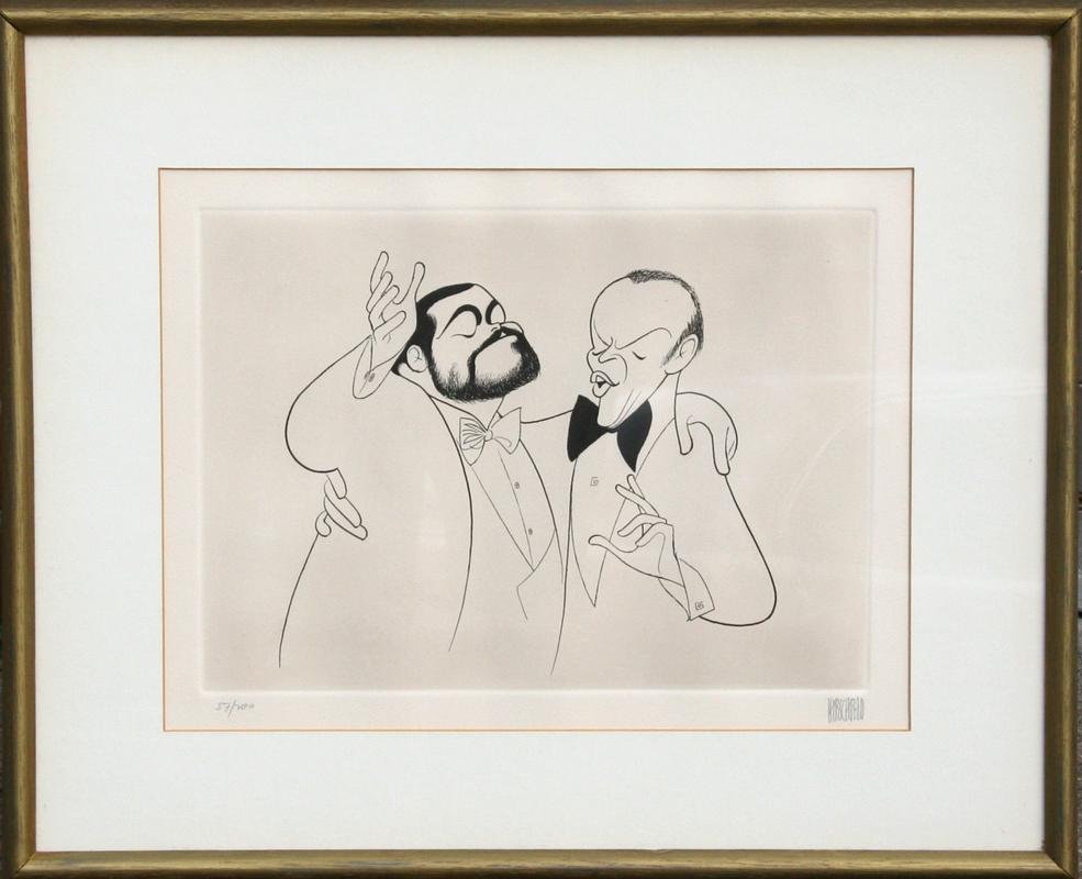 Albert Al Hirschfeld Figurative Print - Frank Sinatra and Luciano Pavarotti