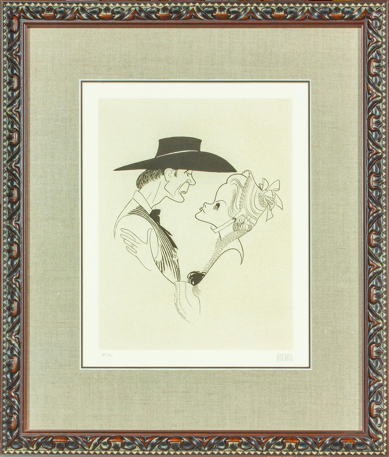 Albert Al Hirschfeld Figurative Print - Gary Cooper and Grace Kelly in "High Noon" original etching by Al Hirschfeld.