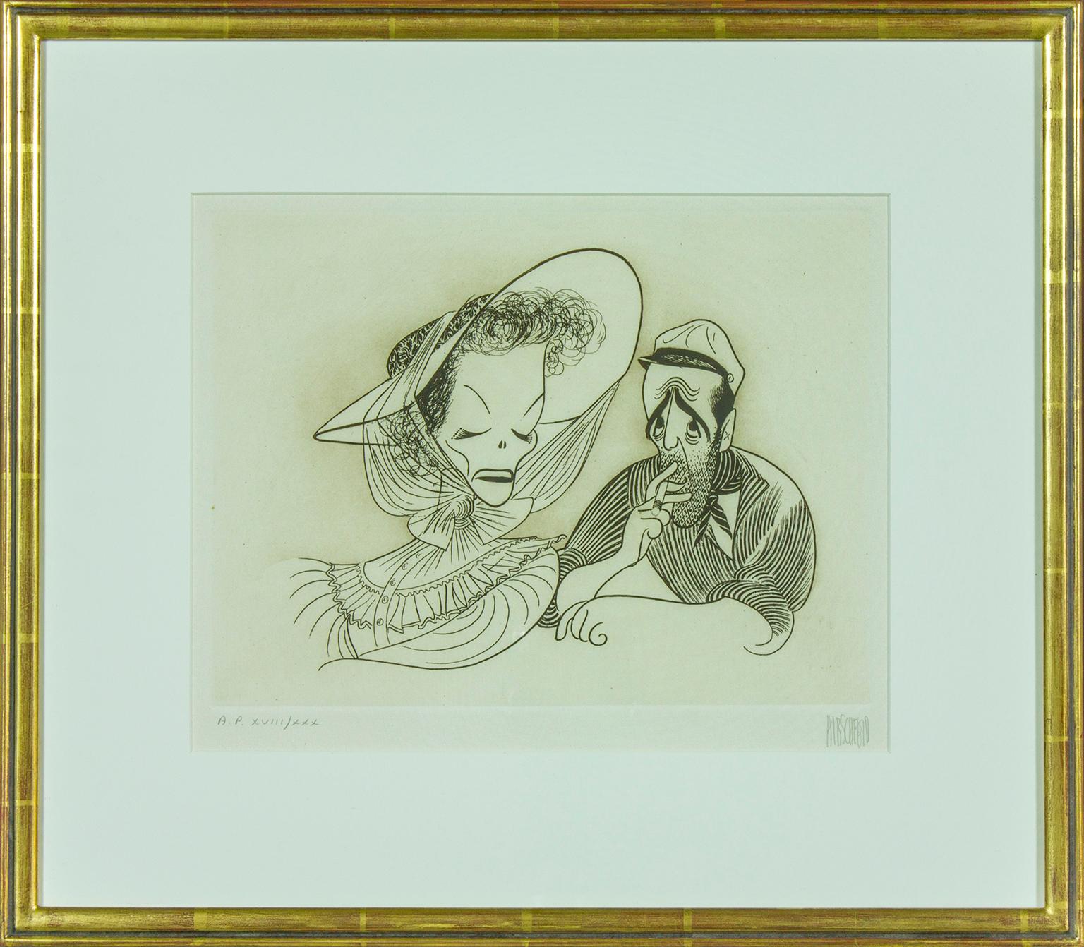 Albert Al Hirschfeld Figurative Print - "Hepburn and Bogart" original etching by Al Hirschfeld. Hand signed and numbered