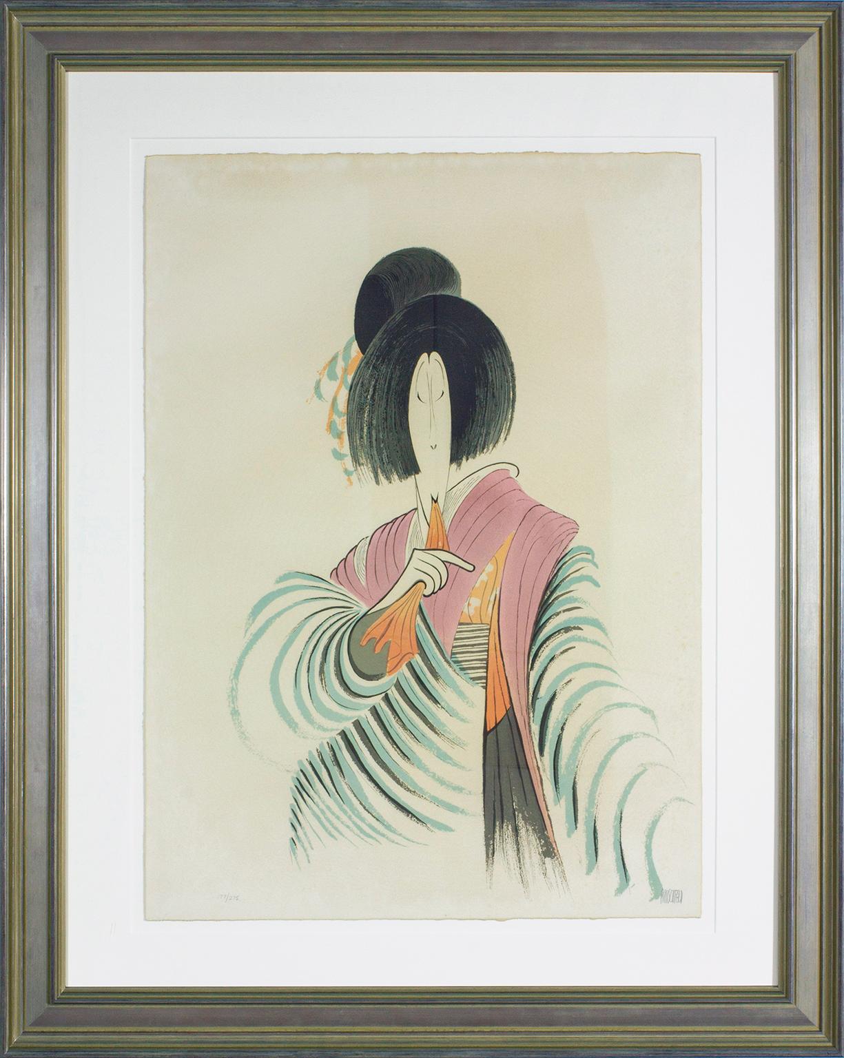 Albert Al Hirschfeld Figurative Print - "Kochiyama" framed, hand-signed lithograph from "Kabuki Suite" by Al Hirschfeld