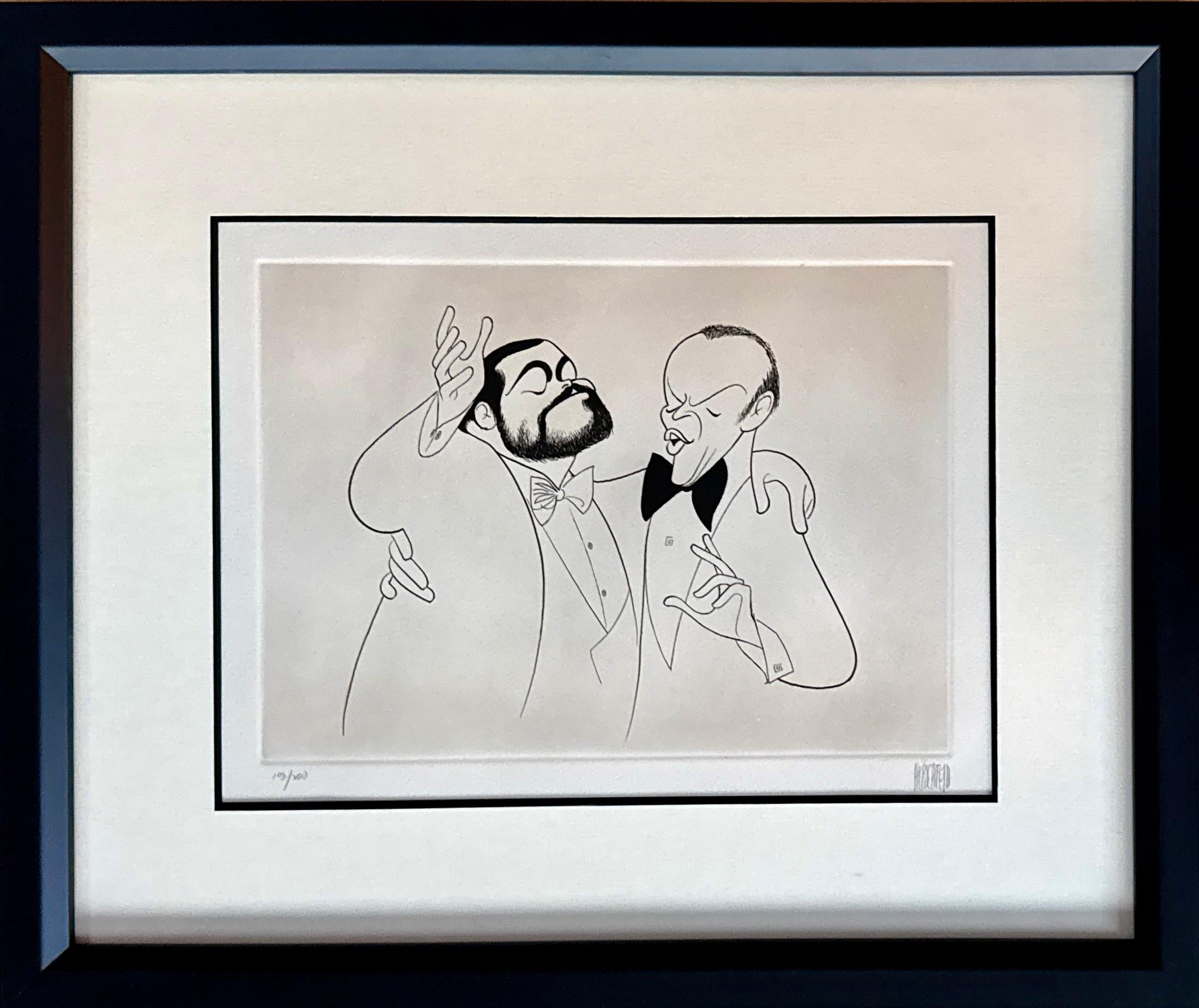 Luciano Pavarotti y Frank Sinatra en concierto Leyendas de la música Grammys Litografía - Print de Albert Al Hirschfeld