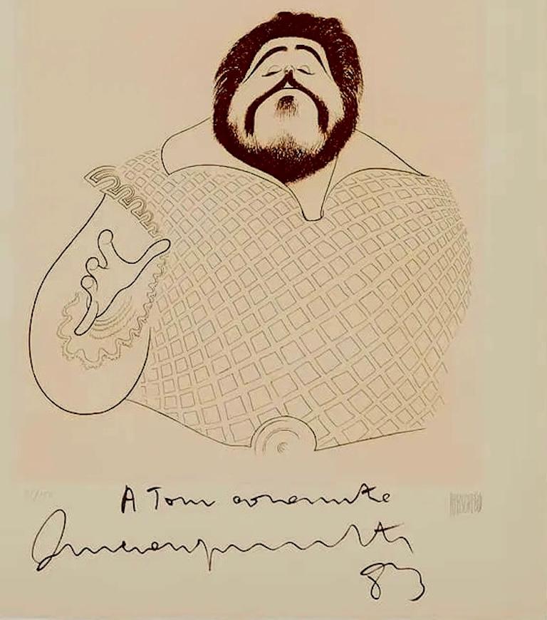 Luciano Pavarotti Opera Tenor King Aria Signed Classical Music Illustration - Print by Albert Al Hirschfeld