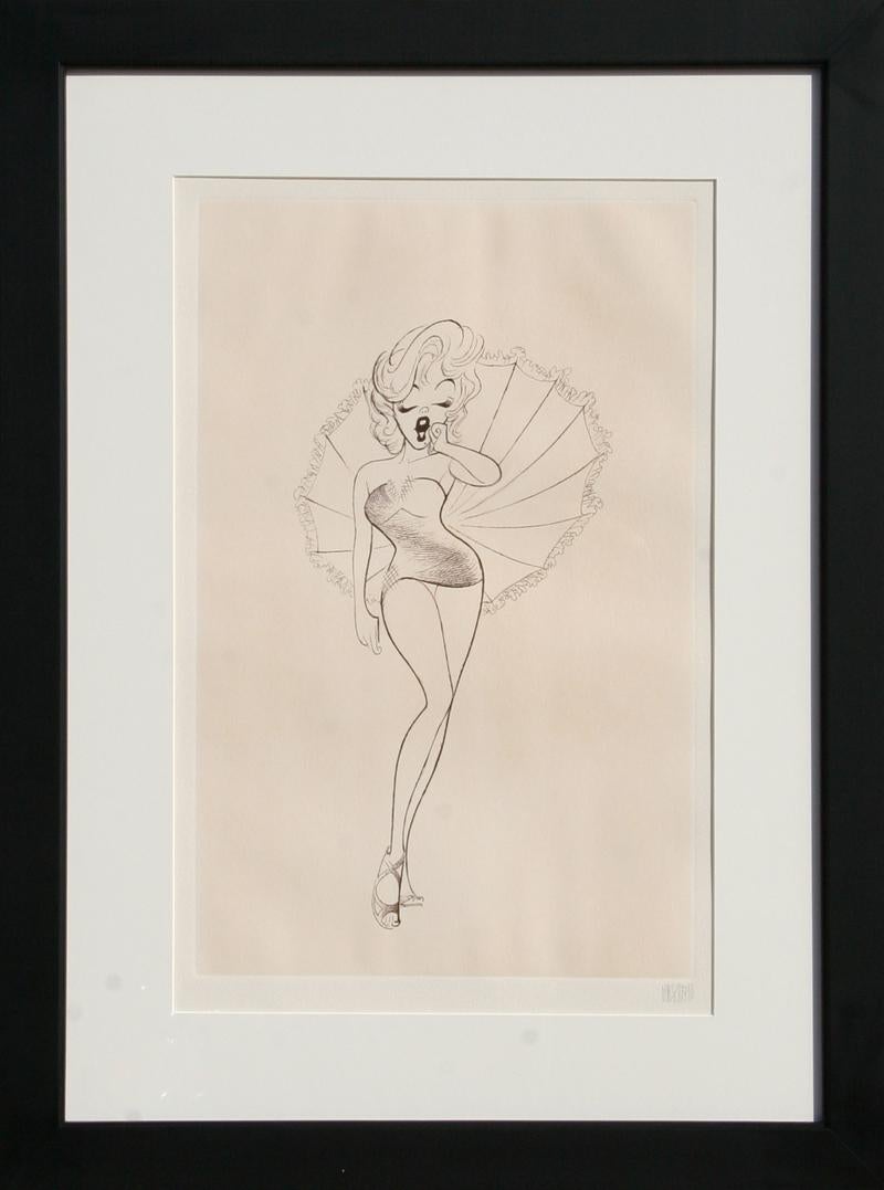 Albert Al Hirschfeld Portrait Print - Marilyn Monroe with Parasol, Caricature by Al Hirschfeld