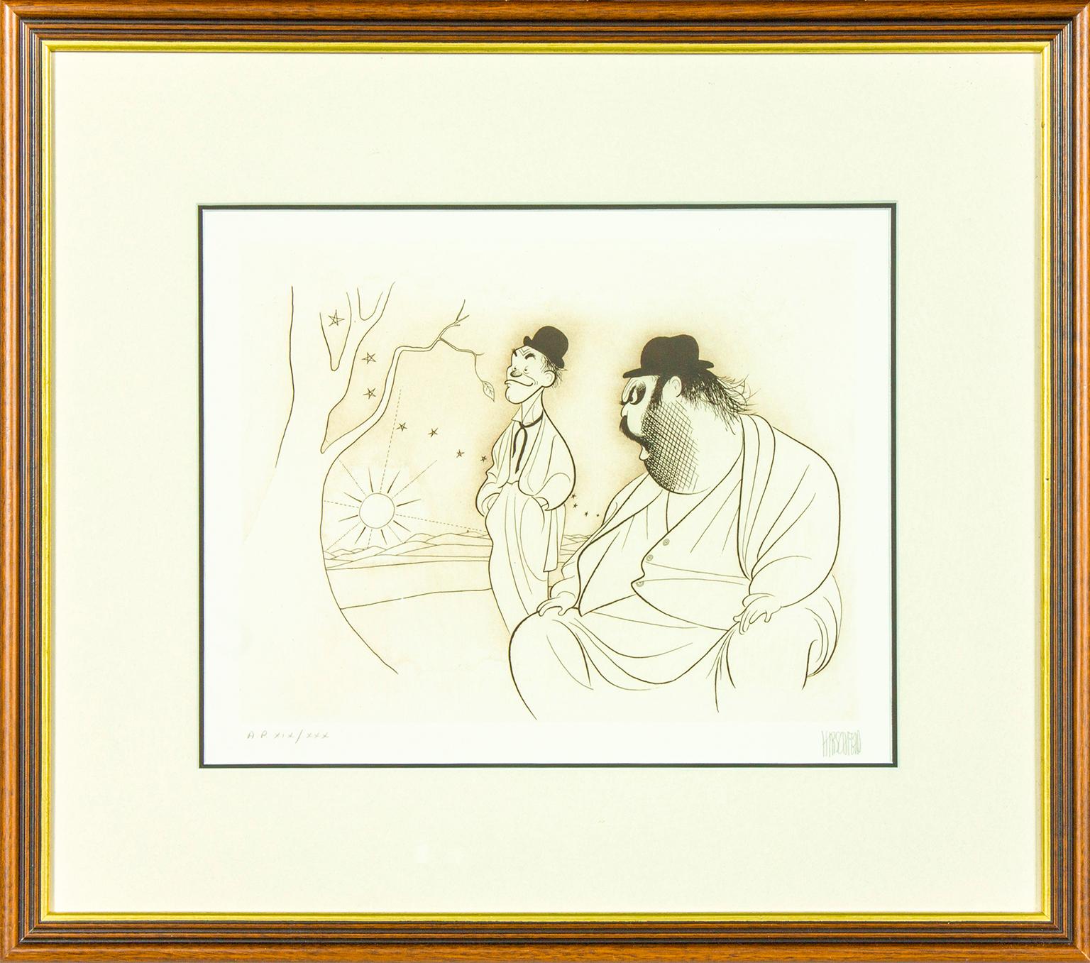 Albert Al Hirschfeld Portrait Print - "Mostel and Meredith" original etching by Al Hirschfeld. Signed artist's proof.
