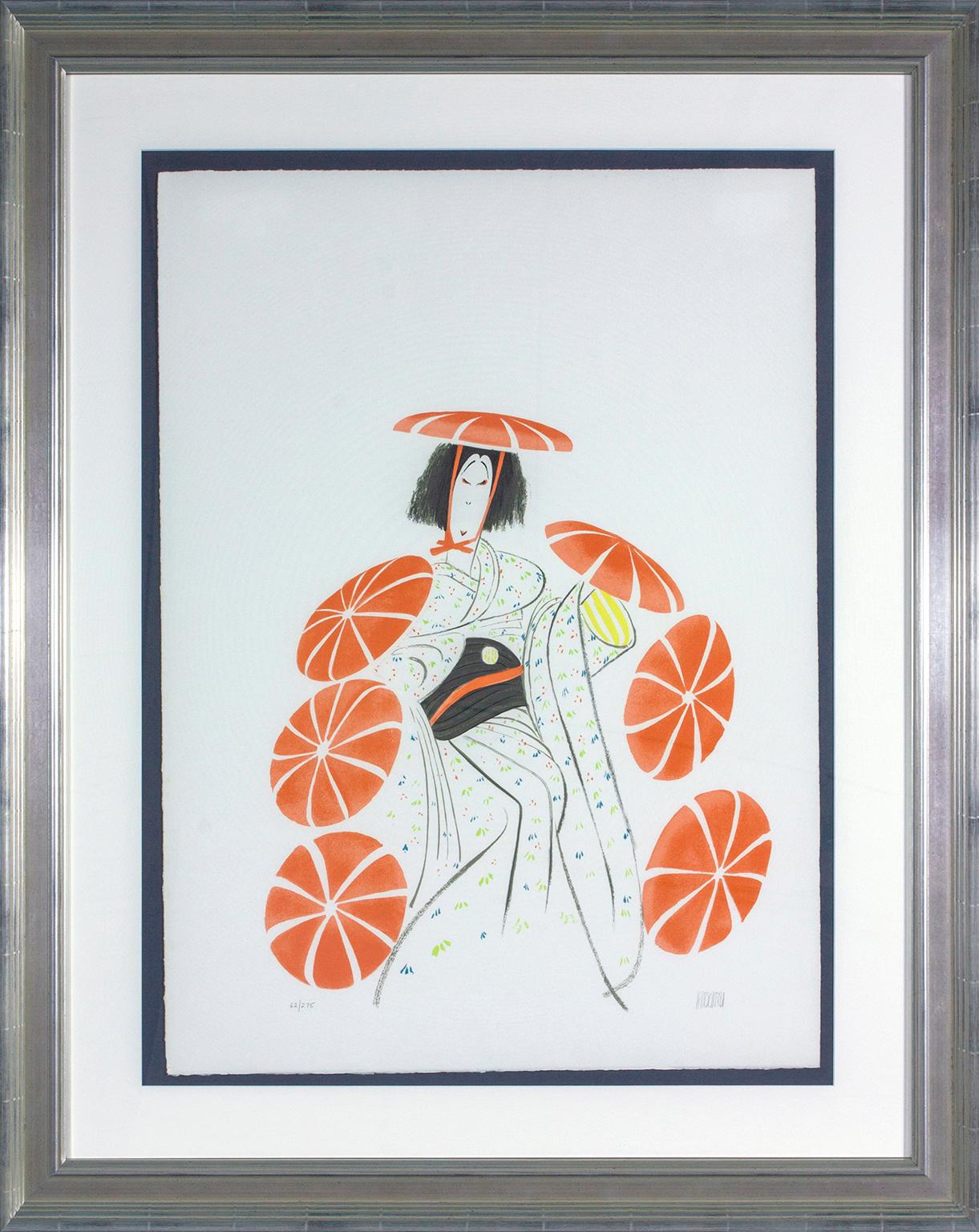 Albert Al Hirschfeld Figurative Print - "Musume" framed, hand-signed lithograph from "Kabuki Suite" by Al Hirschfeld