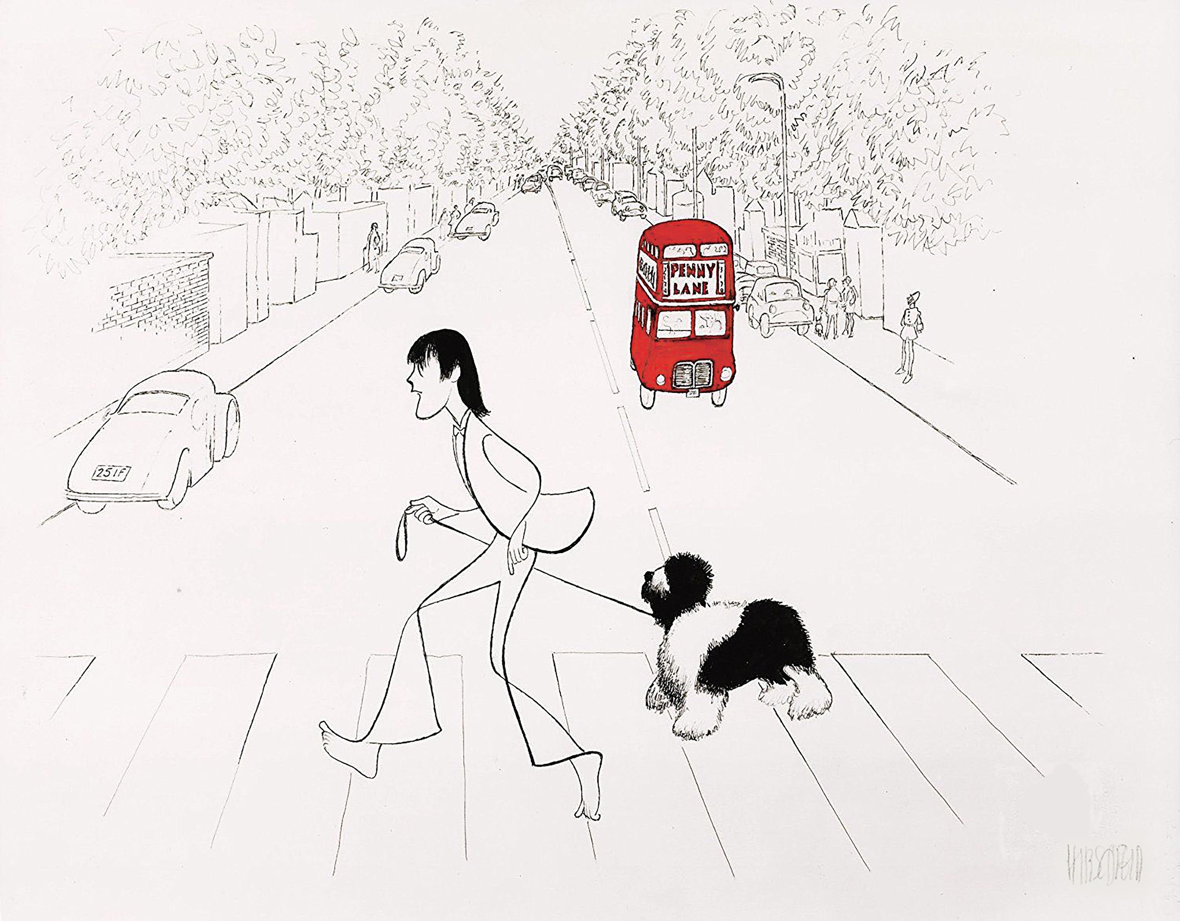 Albert Al Hirschfeld Portrait Print - "Paul McCartney and Martha Crossing Abbey Road" Lithograph by Al Hirschfeld