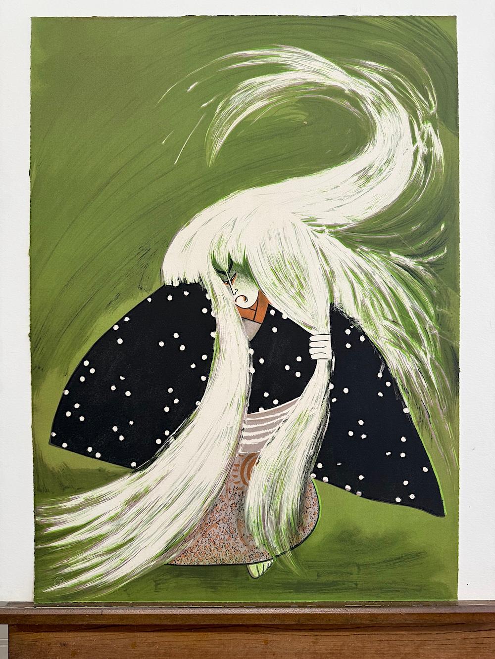 RENJISHI(La Danza del León)Litografía Original, Teatro Kabuki Japonés, Pelo Blanco en venta 3