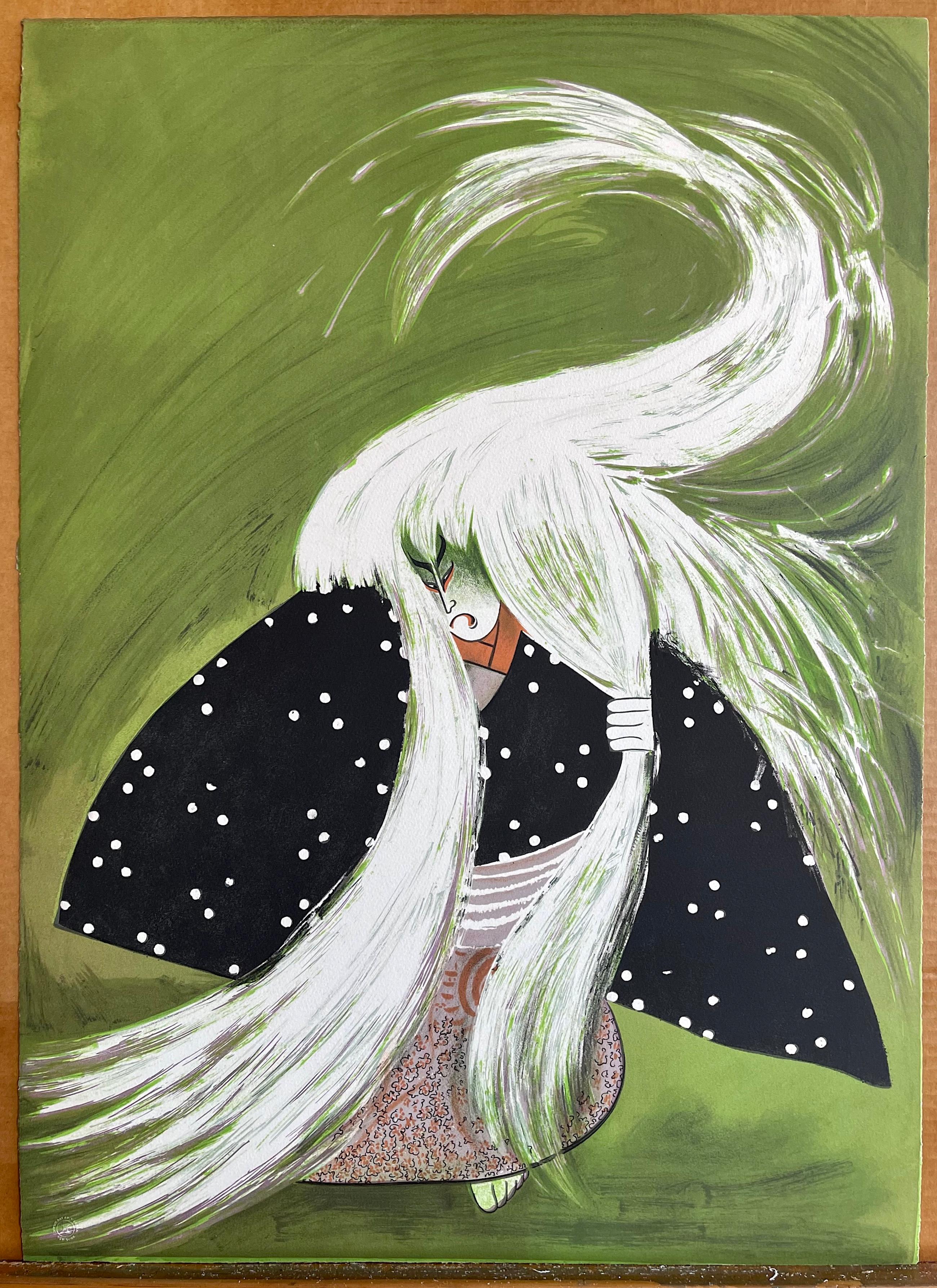 RENJISHI (La danse du lion) Lithographie originale, théâtre Kabuki japonais, cheveux blancs en vente 3