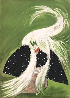RENJISHI (La danza del leone) Litografia originale, Teatro Kabuki giapponese, capelli bianchi