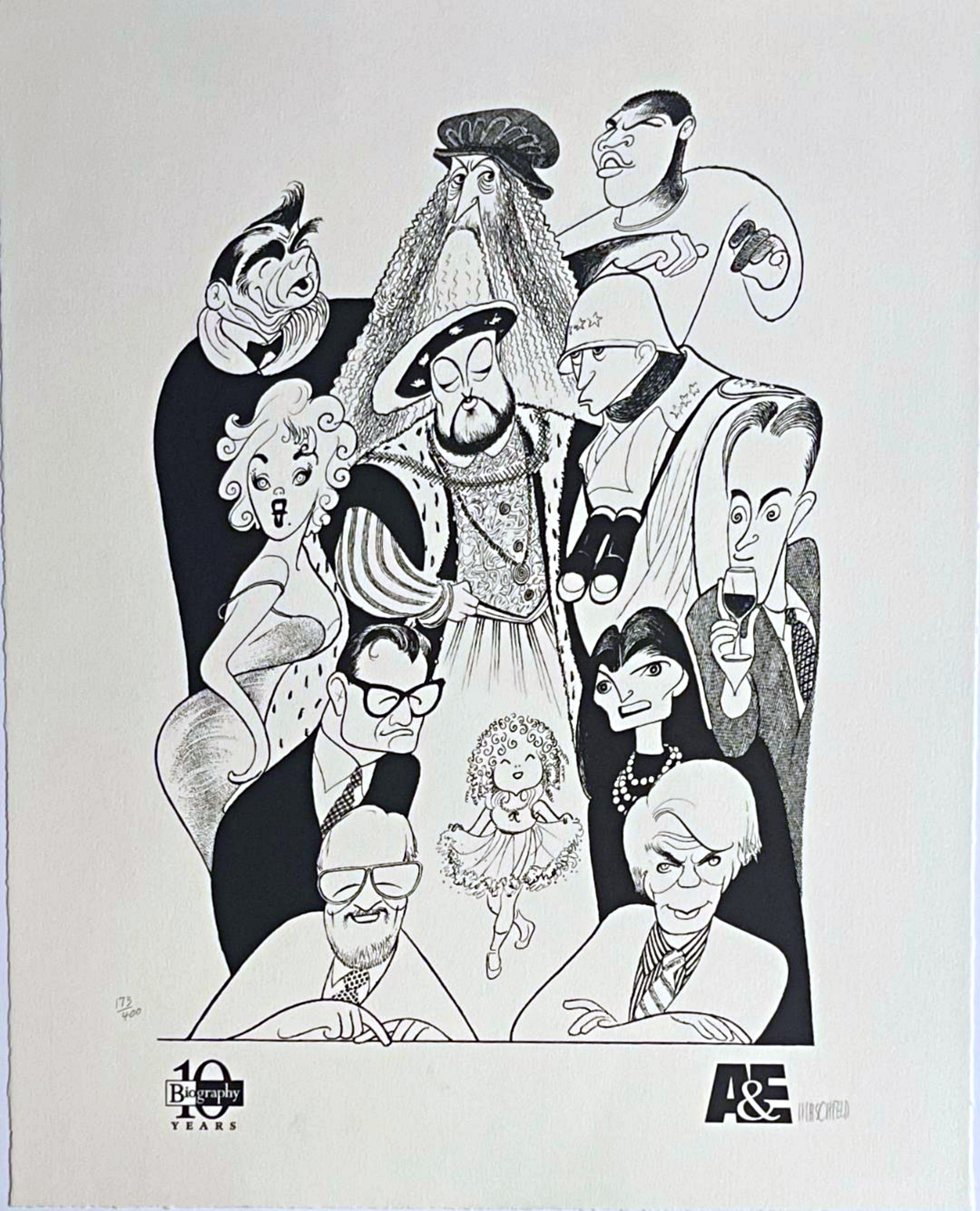 Al Hirschfeld
A & E Biografía 10º Aniversario, ca. 1994
Litografía sobre papel de cubierta Arches
Firmado y numerado 173/400 a lápiz de grafito en el anverso
19 × 15 pulgadas
Sin enmarcar
Esta impresión sin fecha se publicó con motivo del 10º
